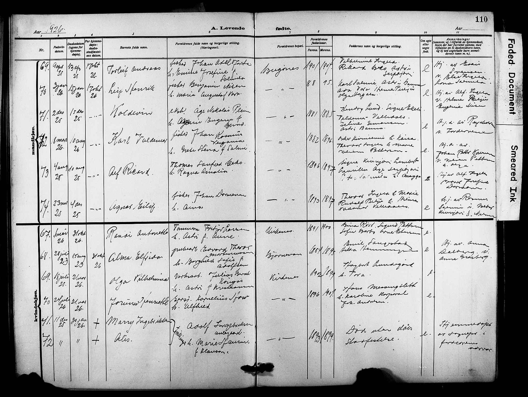 Sør-Varanger sokneprestkontor, AV/SATØ-S-1331/H/Hb/L0005klokker: Parish register (copy) no. 5, 1919-1927, p. 110