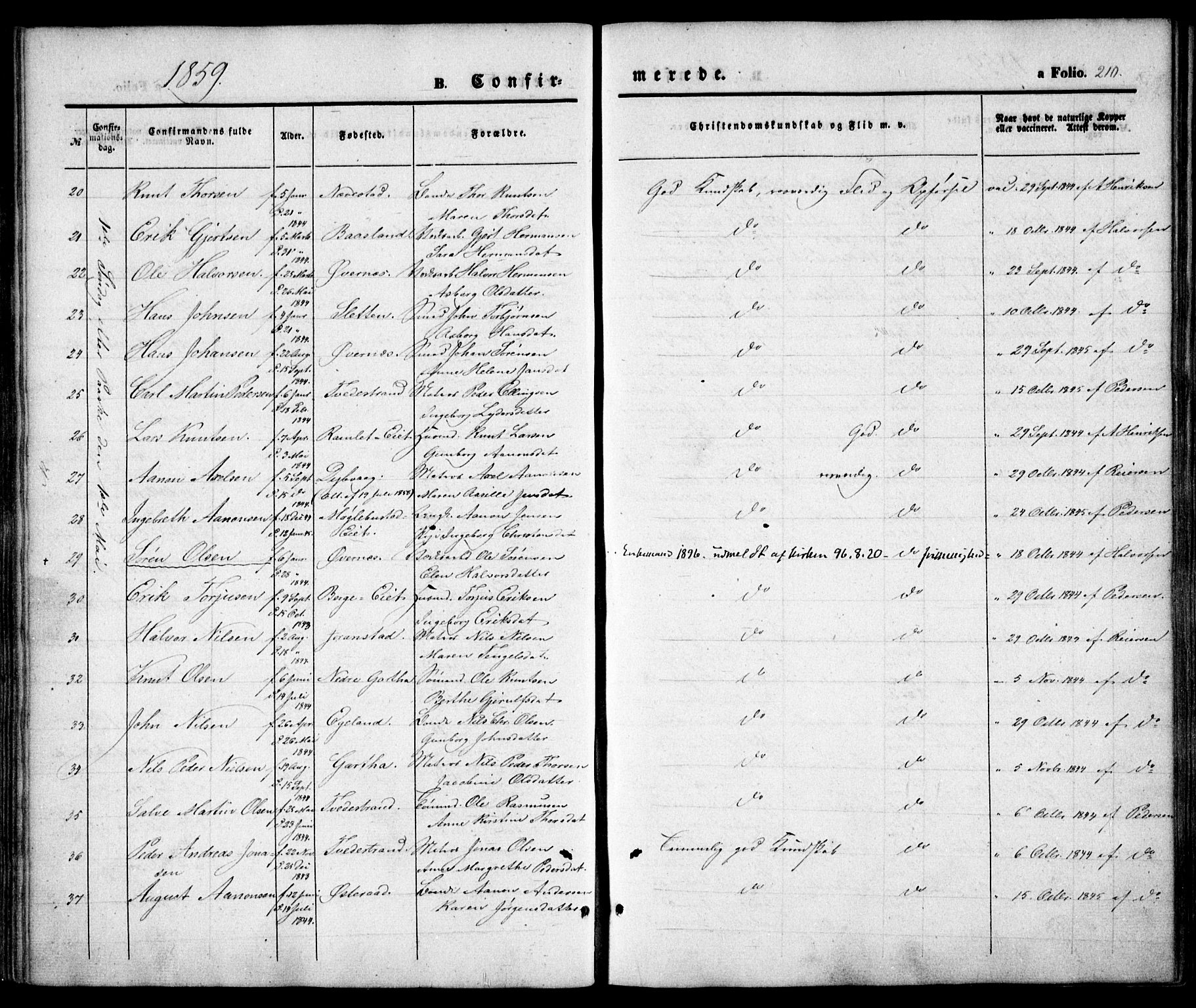 Holt sokneprestkontor, AV/SAK-1111-0021/F/Fa/L0008: Parish register (official) no. A 8, 1849-1860, p. 210