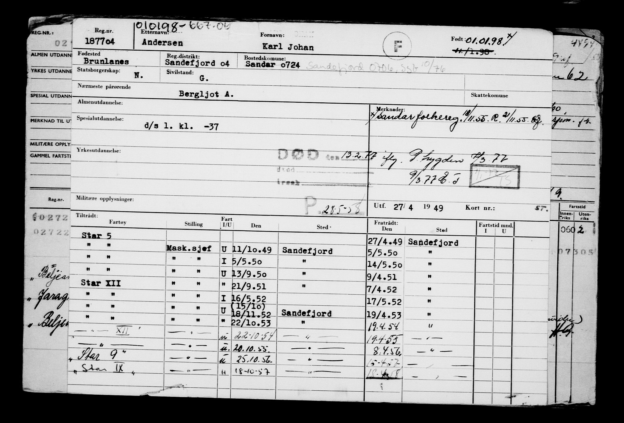 Direktoratet for sjømenn, RA/S-3545/G/Gb/L0027: Hovedkort, 1898, p. 1