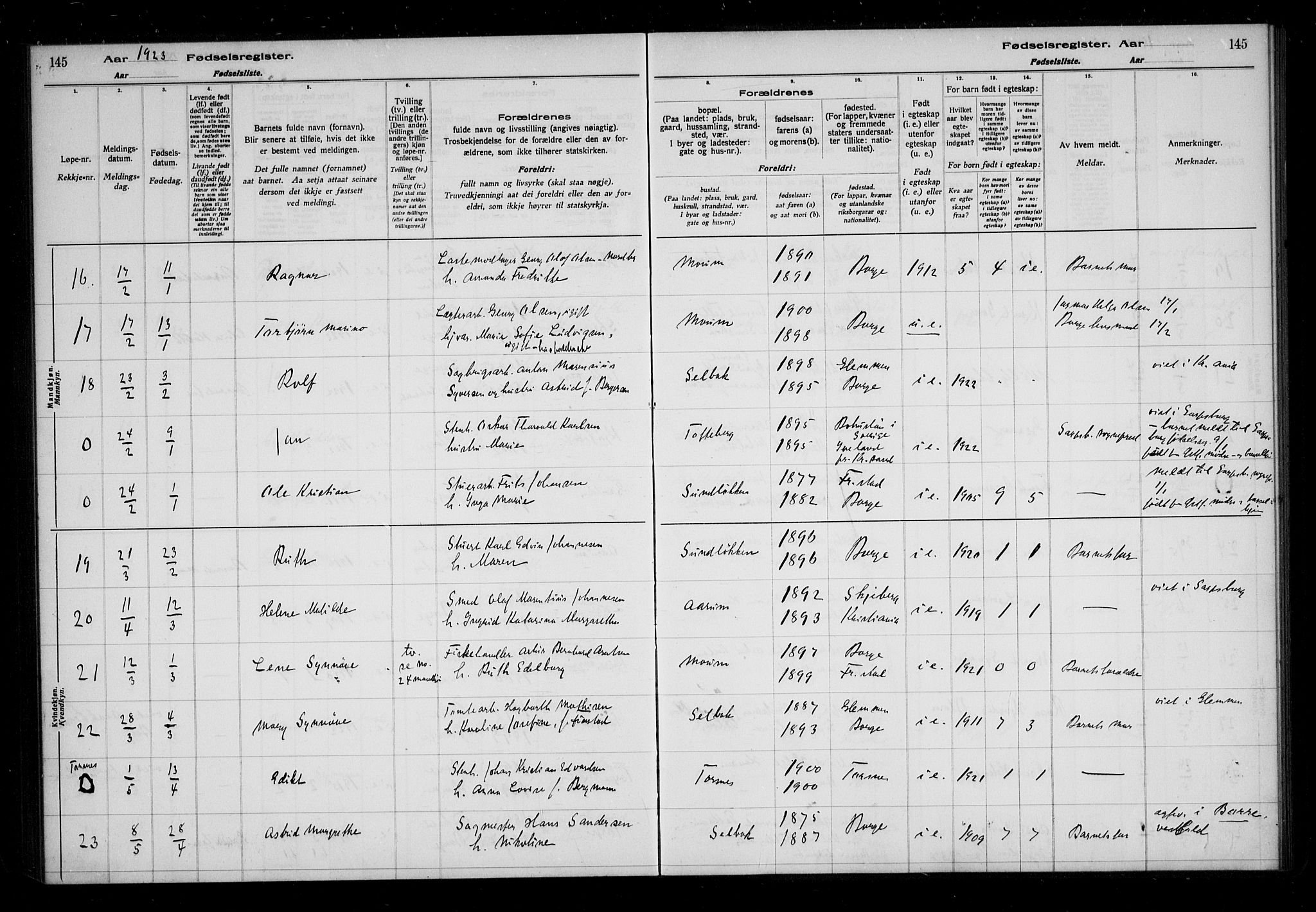 Borge prestekontor Kirkebøker, AV/SAO-A-10903/J/Ja/L0001: Birth register no. I 1, 1916-1925, p. 145