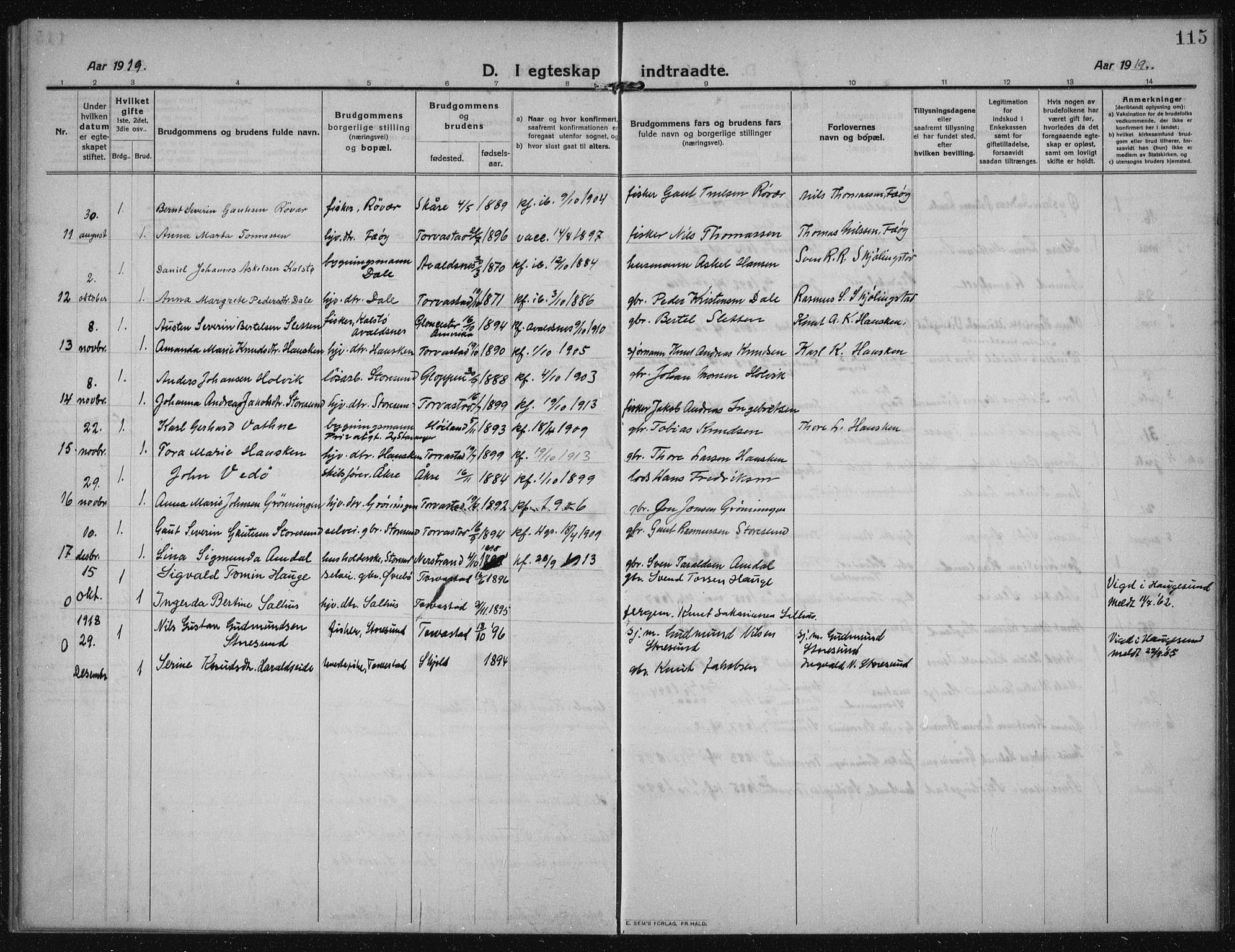 Torvastad sokneprestkontor, AV/SAST-A -101857/H/Ha/Haa/L0019: Parish register (official) no. A 18, 1912-1920, p. 115