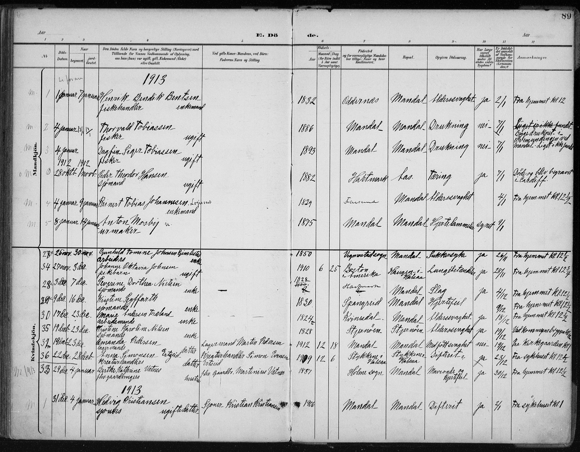 Mandal sokneprestkontor, SAK/1111-0030/F/Fa/Faa/L0021: Parish register (official) no. A 21, 1898-1913, p. 89