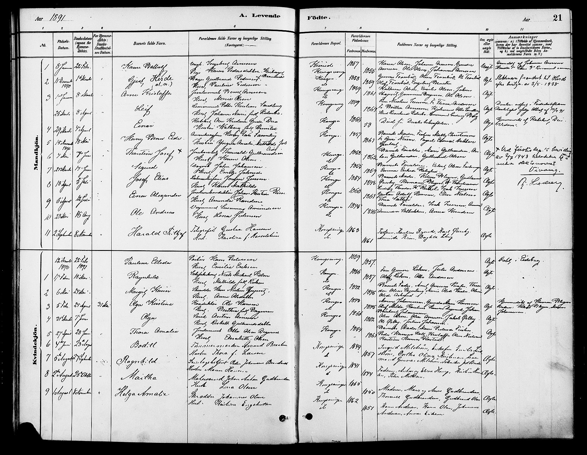 Vinger prestekontor, SAH/PREST-024/H/Ha/Haa/L0013: Parish register (official) no. 13, 1881-1897, p. 21