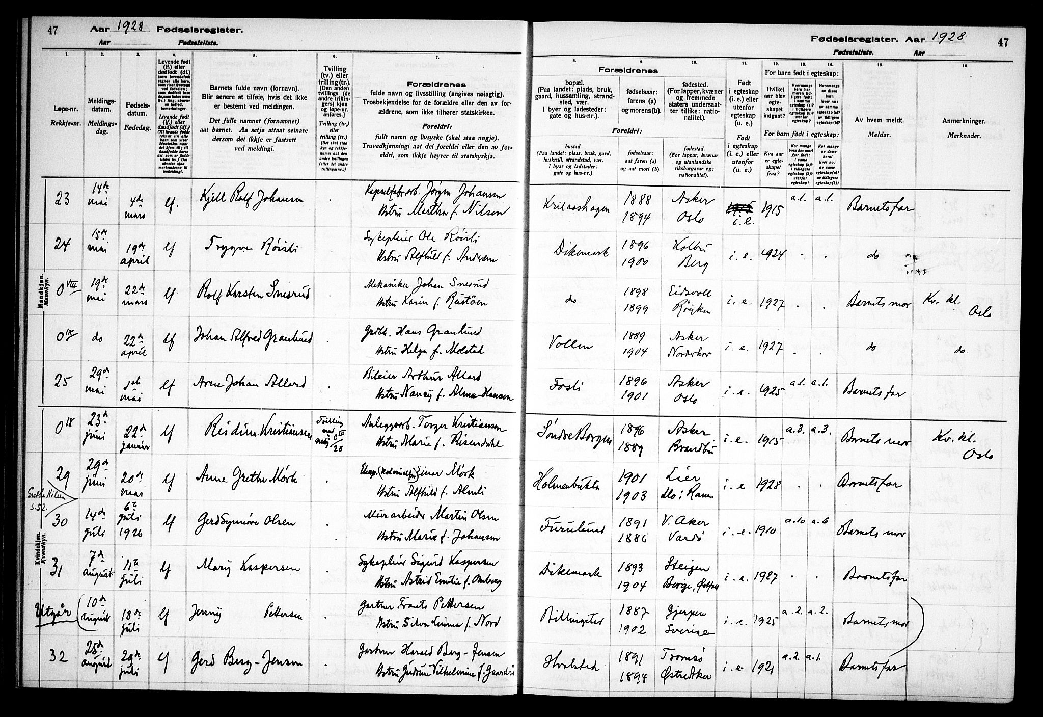 Asker prestekontor Kirkebøker, AV/SAO-A-10256a/J/L0002: Birth register no. 2, 1925-1938, p. 47