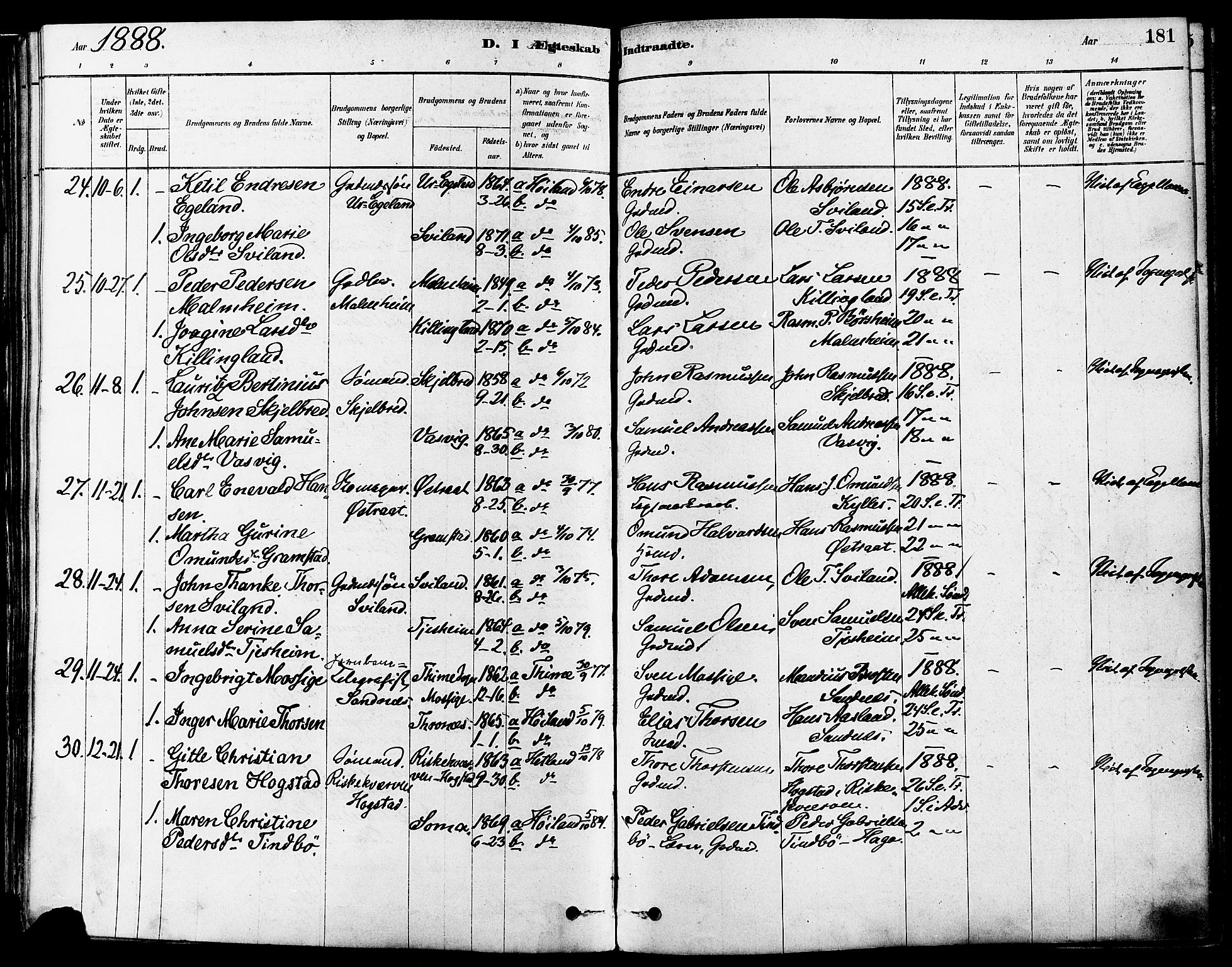 Høyland sokneprestkontor, SAST/A-101799/001/30BA/L0011: Parish register (official) no. A 10, 1878-1888, p. 181