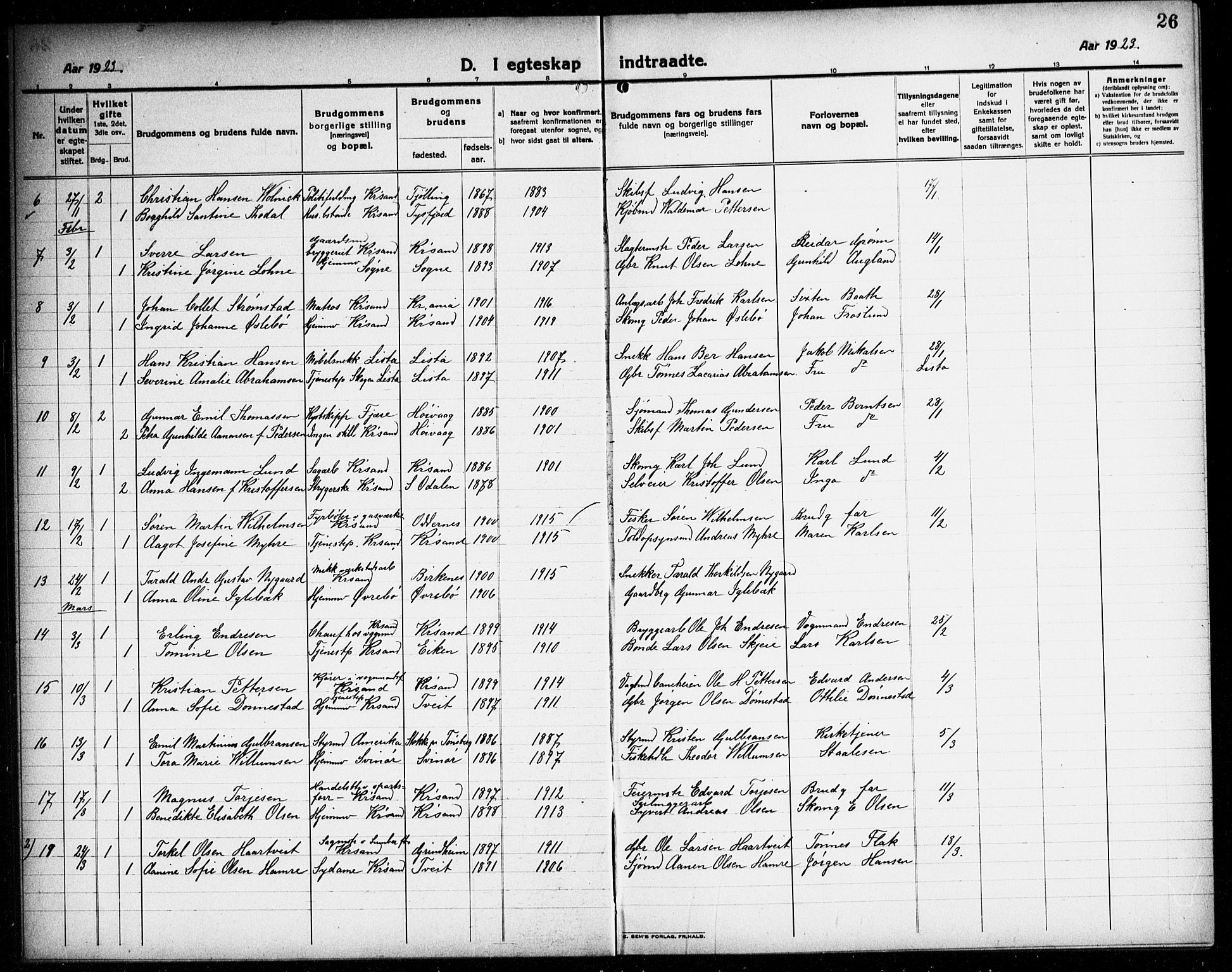 Kristiansand domprosti, AV/SAK-1112-0006/F/Fb/L0023: Parish register (copy) no. B 23, 1921-1937, p. 26