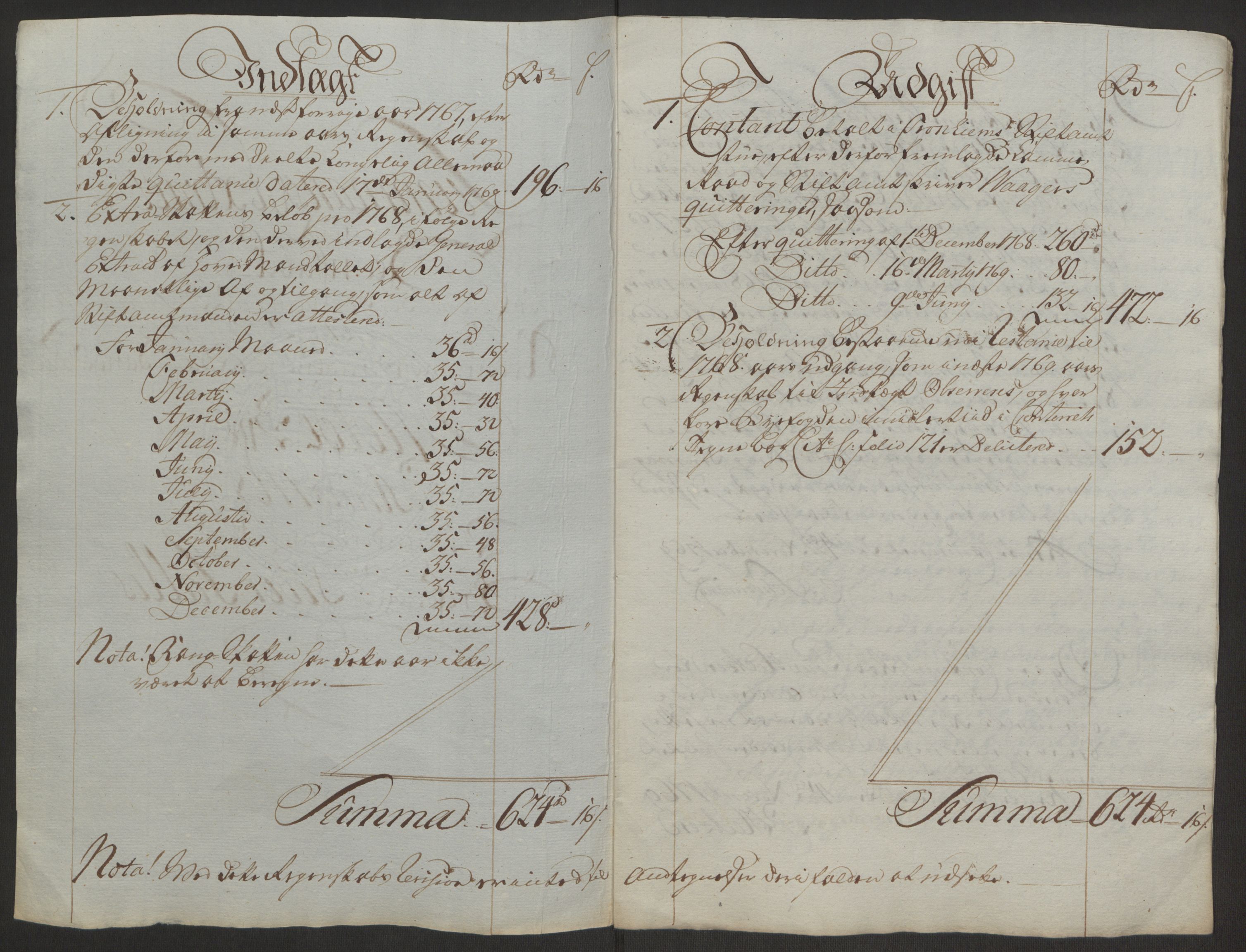 Rentekammeret inntil 1814, Reviderte regnskaper, Byregnskaper, AV/RA-EA-4066/R/Rq/L0487/0004: [Q1] Kontribusjonsregnskap / Ekstraskatt, 1762-1772, p. 160