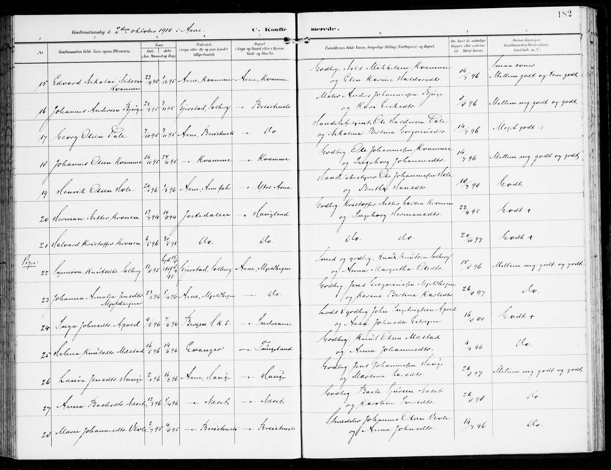 Haus sokneprestembete, AV/SAB-A-75601/H/Haa: Parish register (official) no. D 2, 1899-1912, p. 182