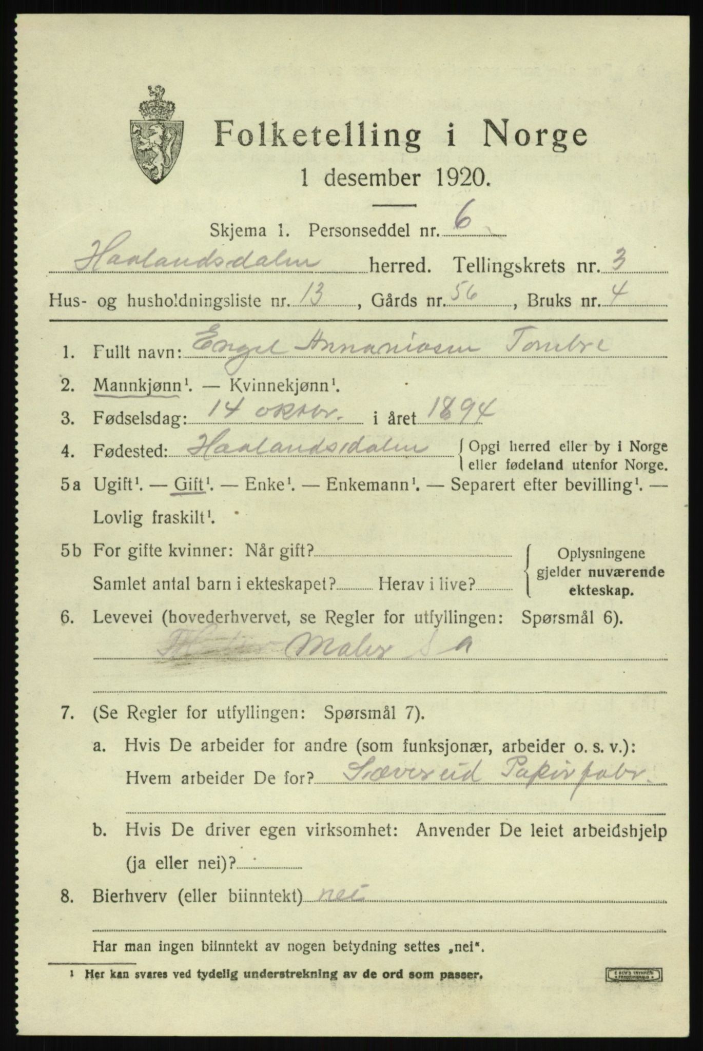 SAB, 1920 census for Hålandsdal, 1920, p. 822
