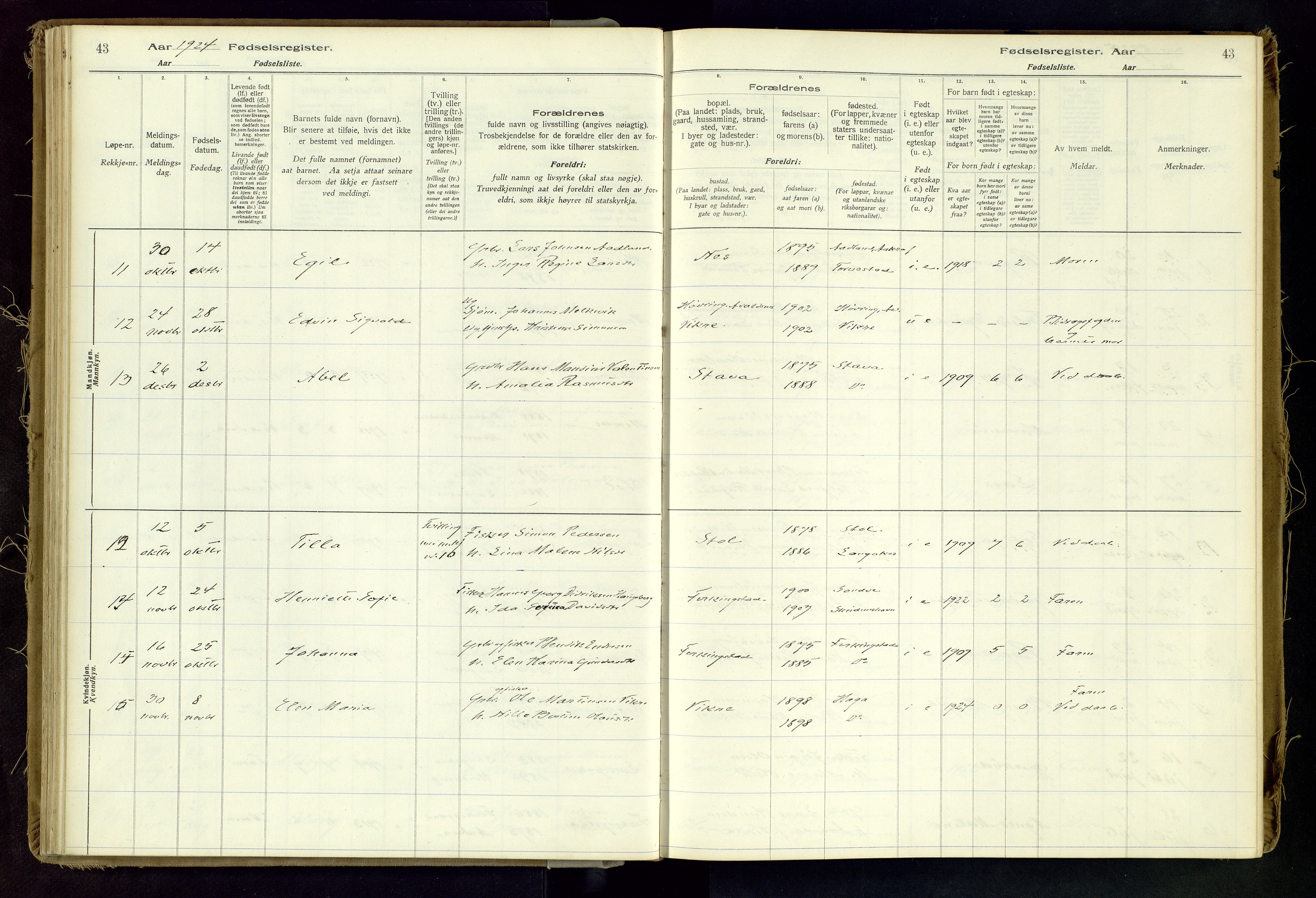Skudenes sokneprestkontor, SAST/A -101849/I/Id/L0002: Birth register no. 2, 1916-1962, p. 43