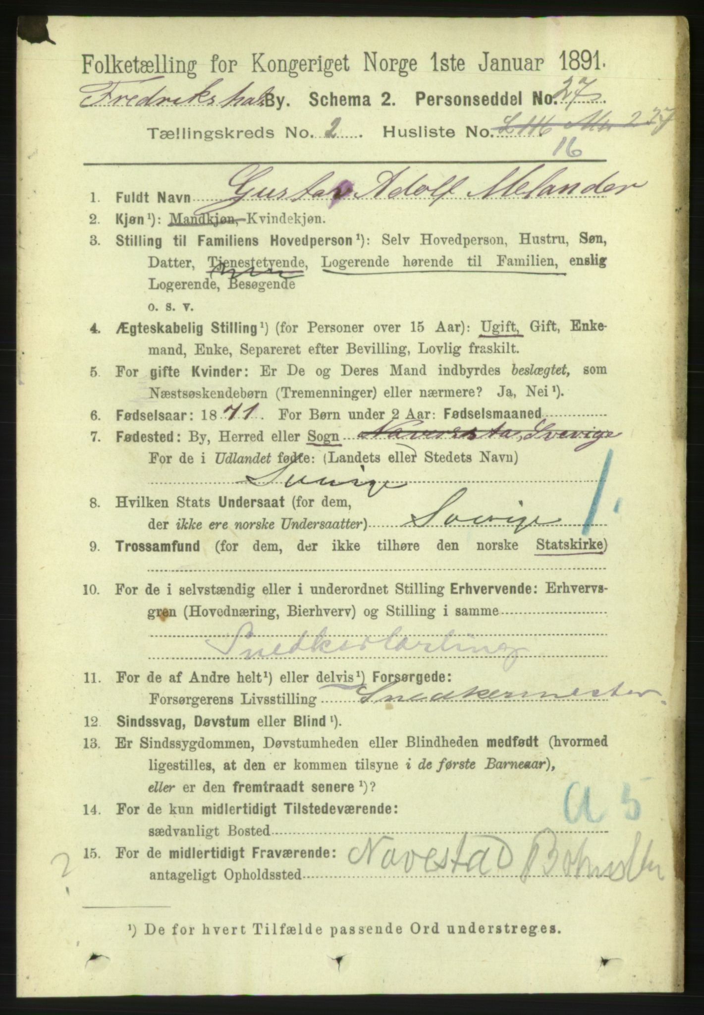 RA, 1891 census for 0101 Fredrikshald, 1891, p. 2846