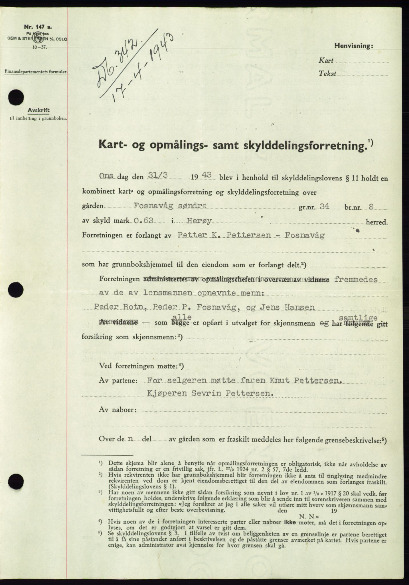 Søre Sunnmøre sorenskriveri, AV/SAT-A-4122/1/2/2C/L0075: Mortgage book no. 1A, 1943-1943, Diary no: : 342/1943