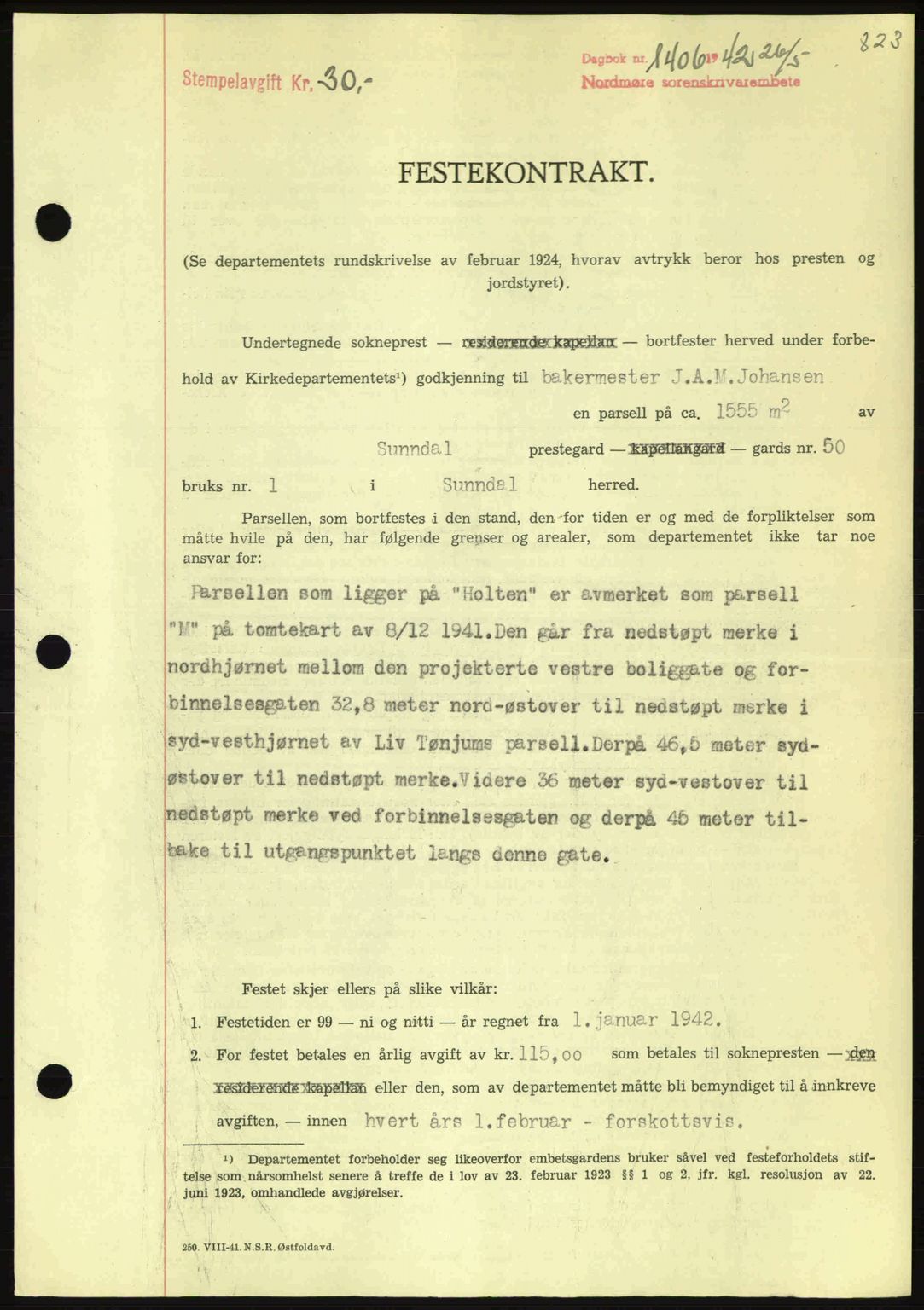 Nordmøre sorenskriveri, AV/SAT-A-4132/1/2/2Ca: Mortgage book no. A92, 1942-1942, Diary no: : 1406/1942