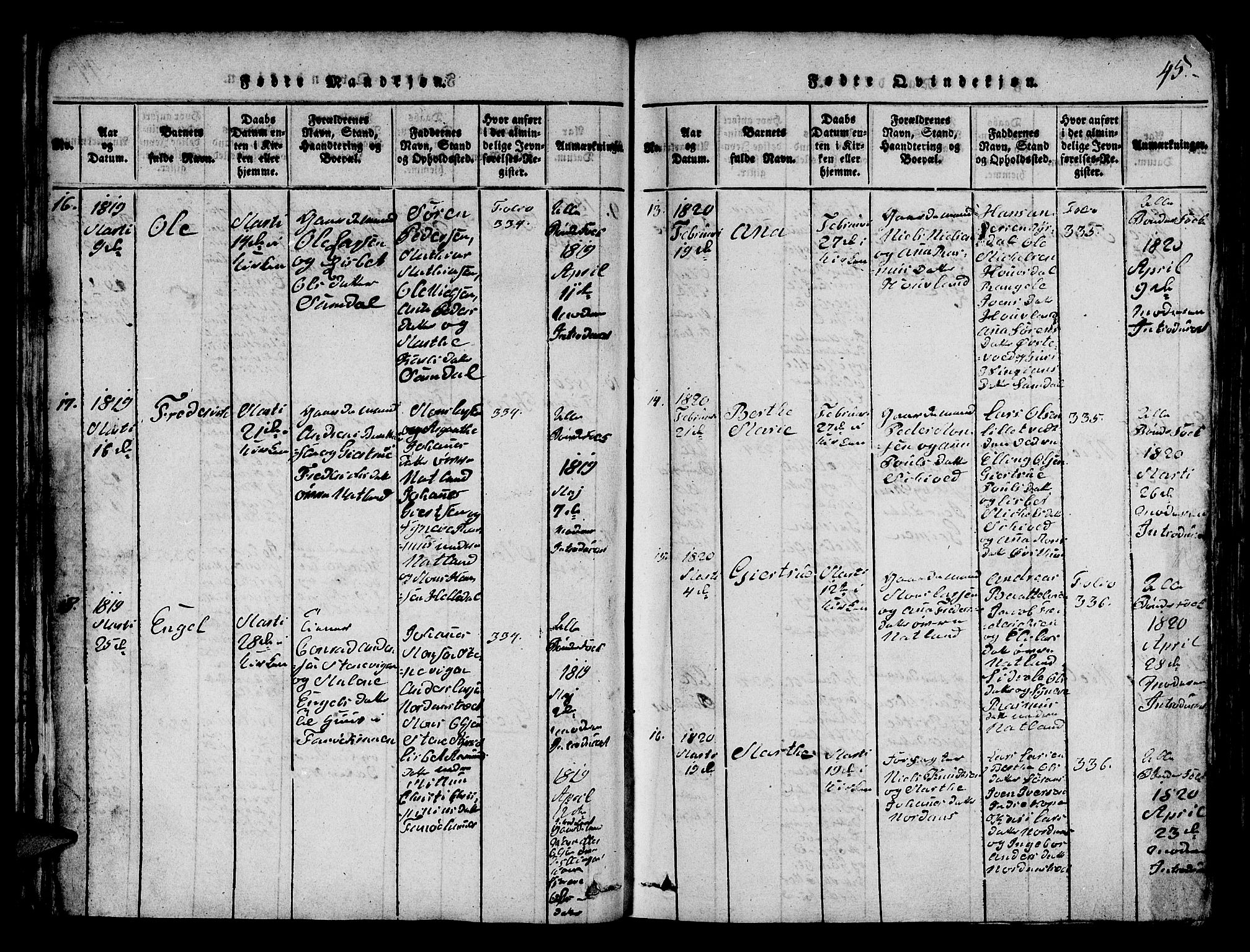 Fana Sokneprestembete, SAB/A-75101/H/Hab/Haba/L0001: Parish register (copy) no. A 1, 1816-1836, p. 45