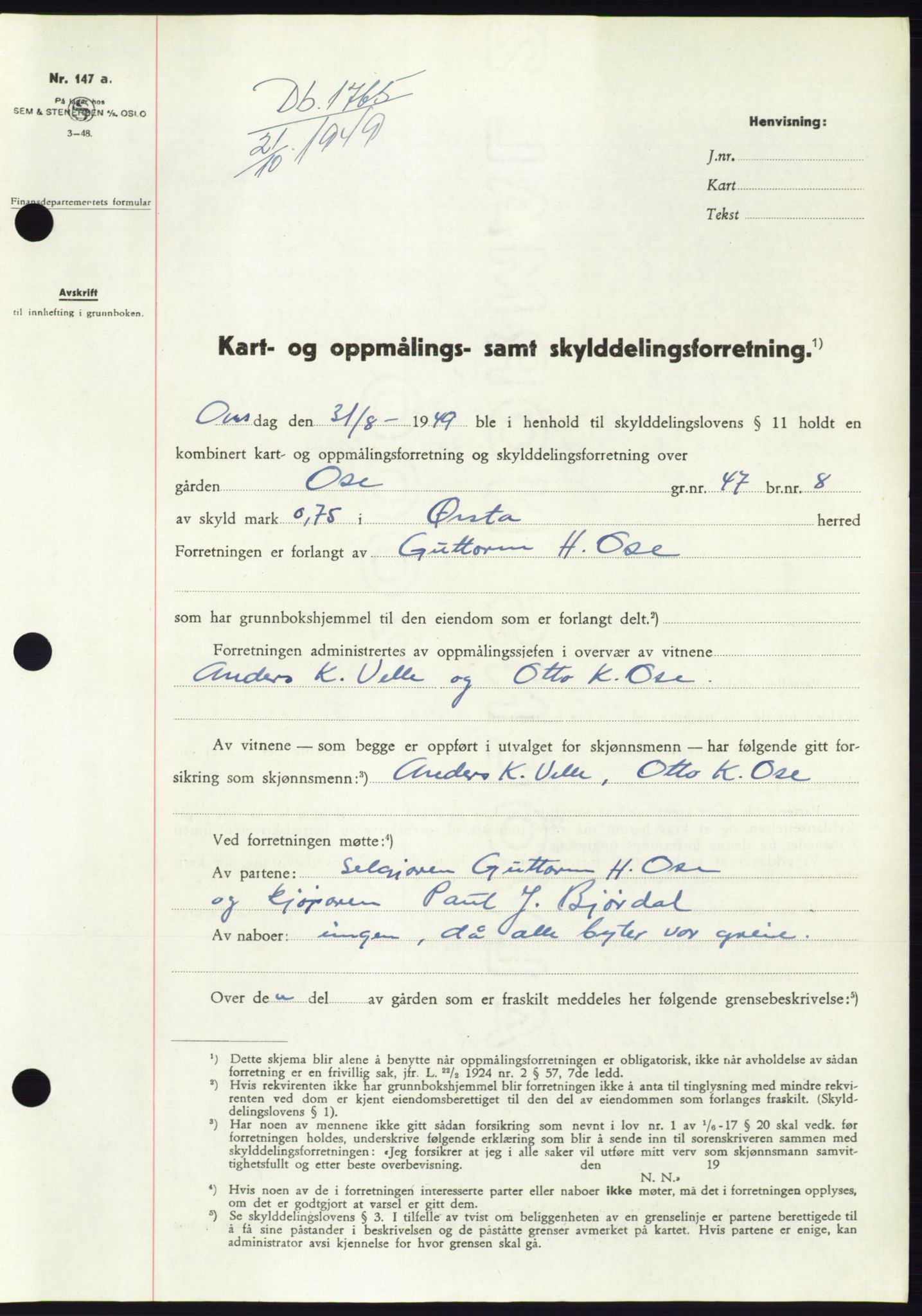 Søre Sunnmøre sorenskriveri, AV/SAT-A-4122/1/2/2C/L0085: Mortgage book no. 11A, 1949-1949, Diary no: : 1765/1949