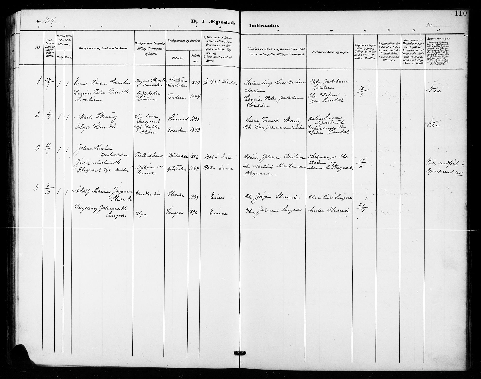 Vestre Toten prestekontor, SAH/PREST-108/H/Ha/Hab/L0016: Parish register (copy) no. 16, 1901-1915, p. 110