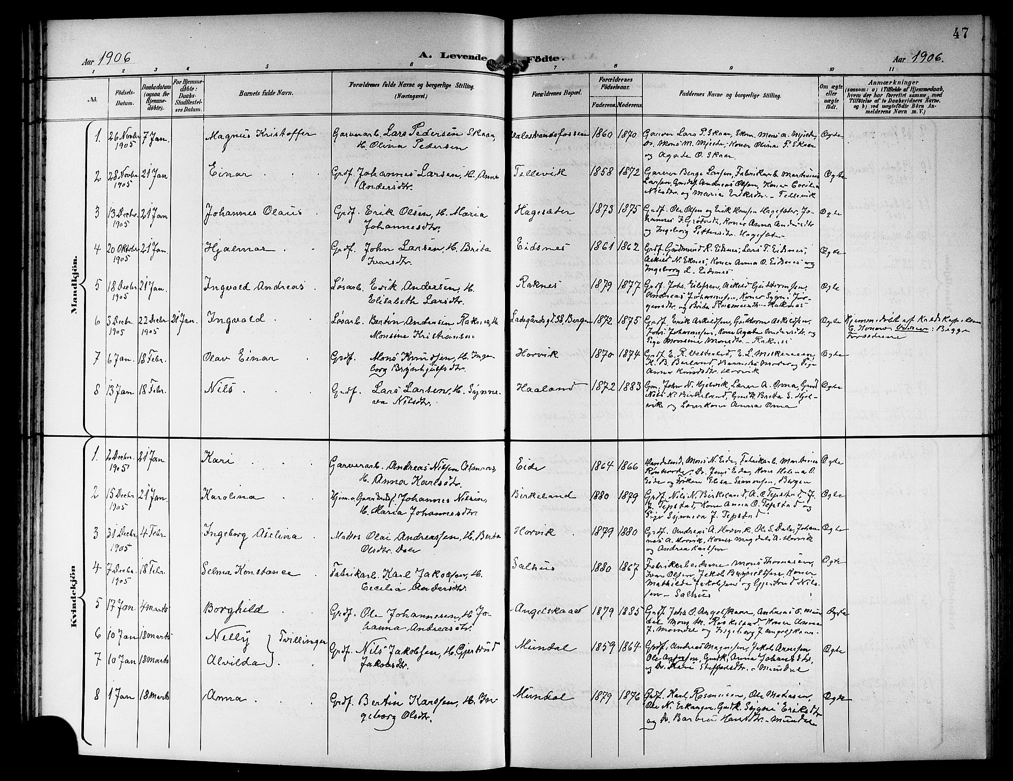 Hamre sokneprestembete, SAB/A-75501/H/Ha/Hab: Parish register (copy) no. B 4, 1898-1919, p. 47