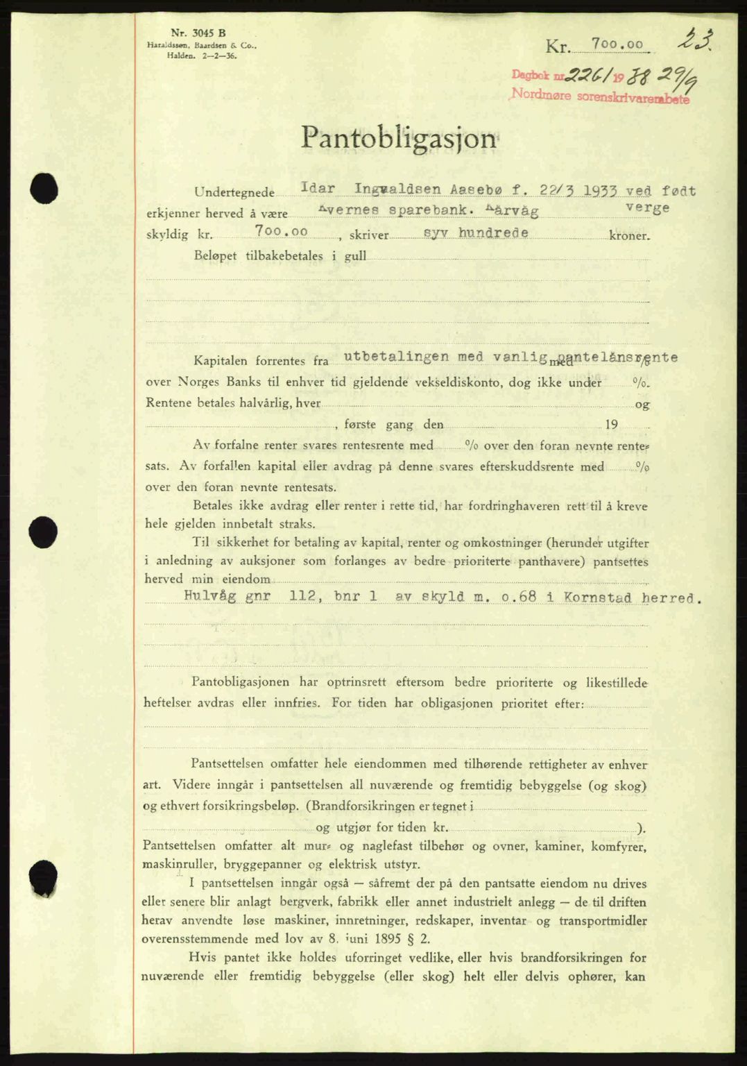 Nordmøre sorenskriveri, SAT/A-4132/1/2/2Ca: Mortgage book no. B84, 1938-1939, Diary no: : 2261/1938