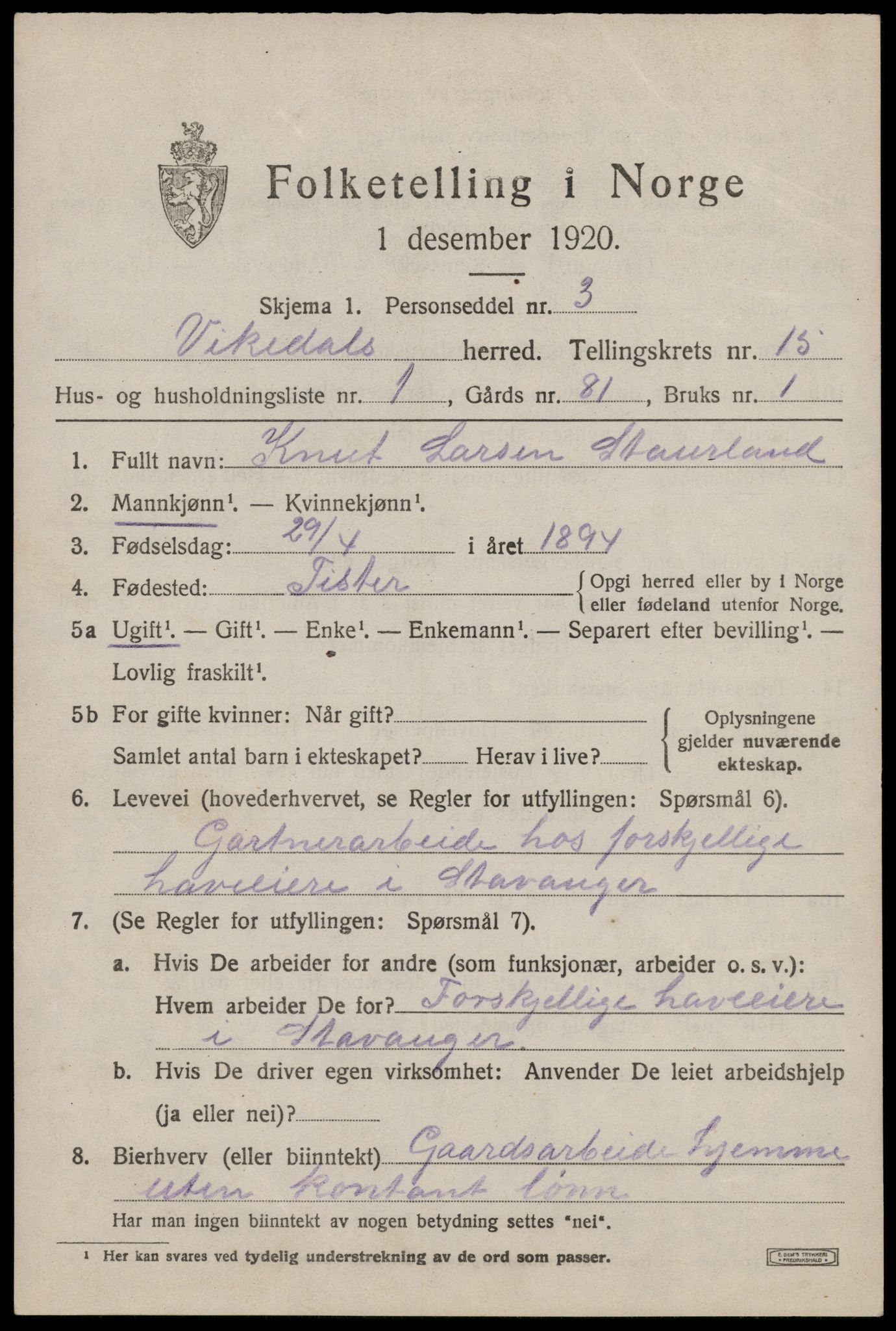 SAST, 1920 census for Vikedal, 1920, p. 4553