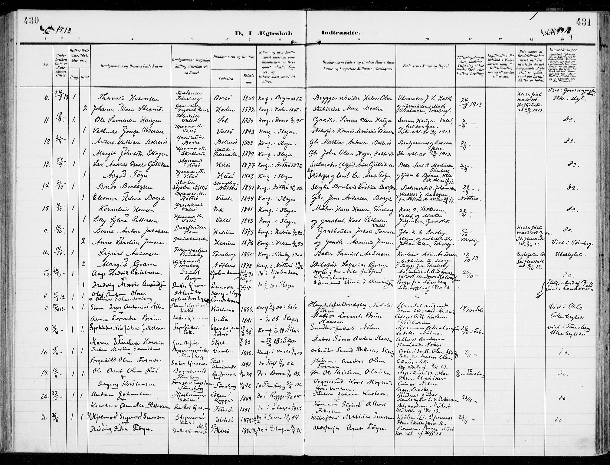Sem kirkebøker, SAKO/A-5/F/Fb/L0006: Parish register (official) no. II 6, 1905-1918, p. 430-431