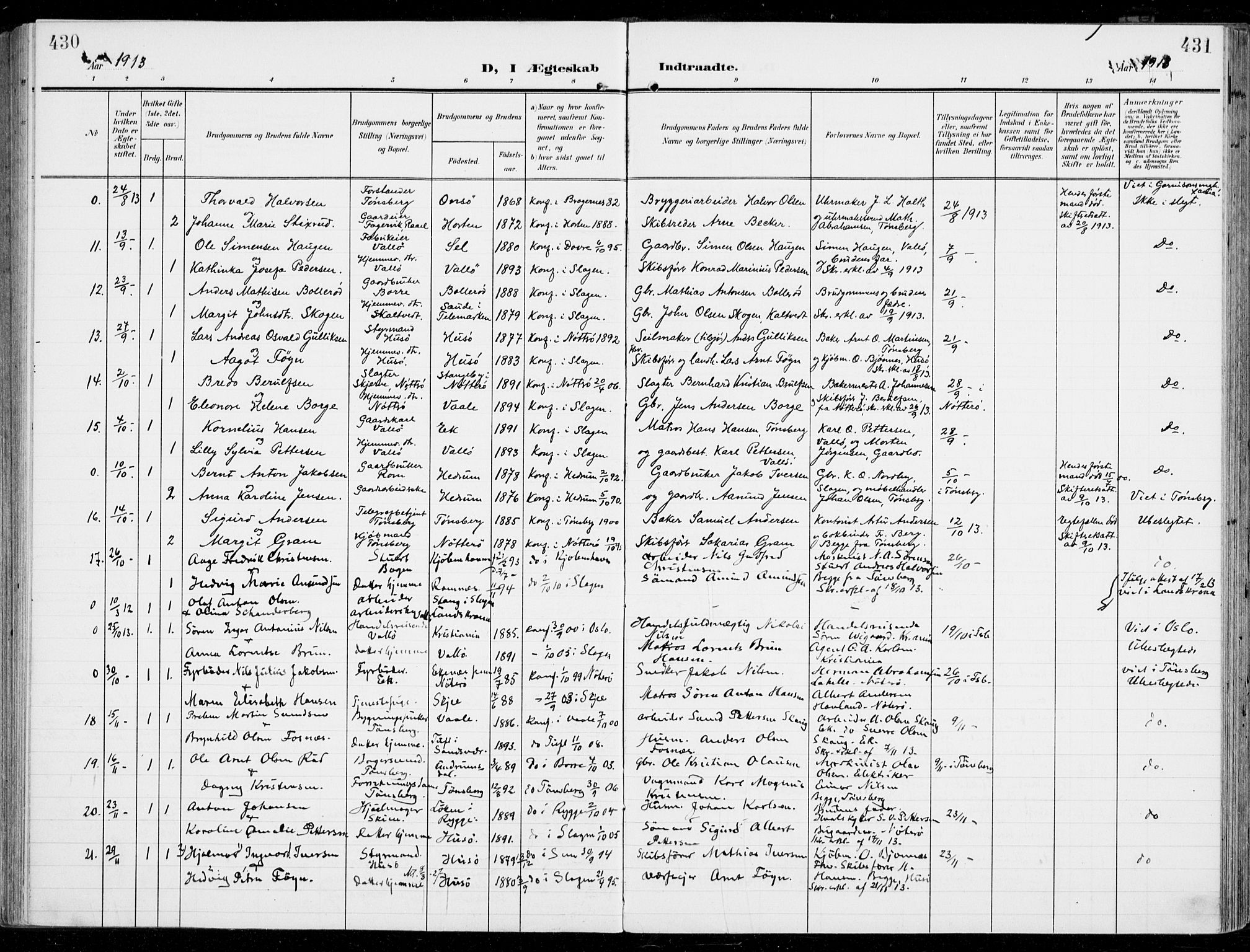 Sem kirkebøker, AV/SAKO-A-5/F/Fb/L0006: Parish register (official) no. II 6, 1905-1918, p. 430-431