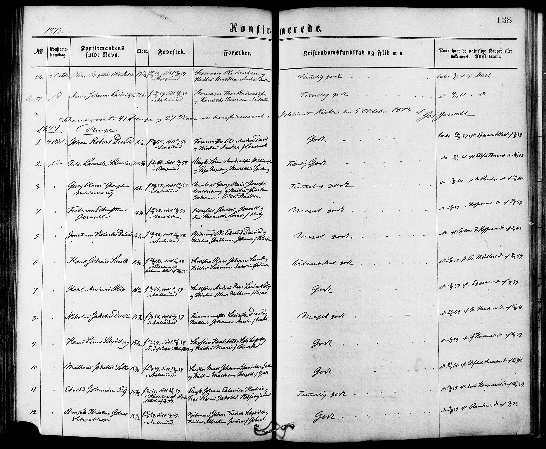 Ministerialprotokoller, klokkerbøker og fødselsregistre - Møre og Romsdal, SAT/A-1454/529/L0453: Parish register (official) no. 529A03, 1872-1877, p. 138