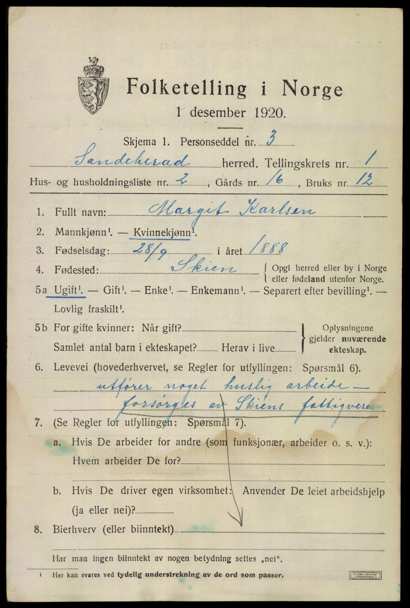 SAKO, 1920 census for Sandeherred, 1920, p. 3770