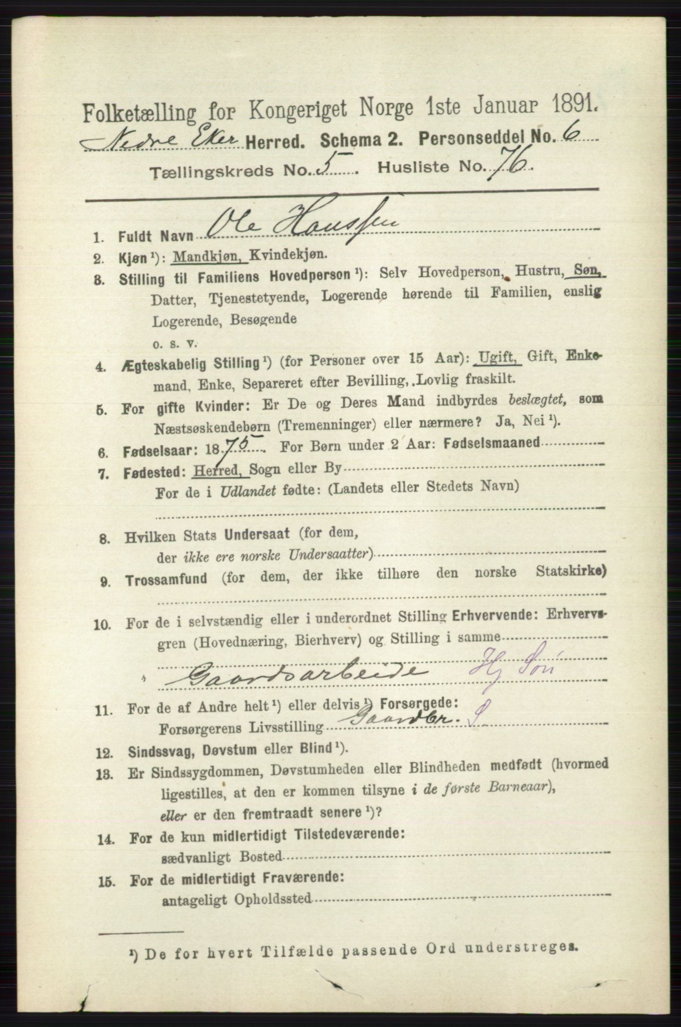 RA, 1891 census for 0625 Nedre Eiker, 1891, p. 2797