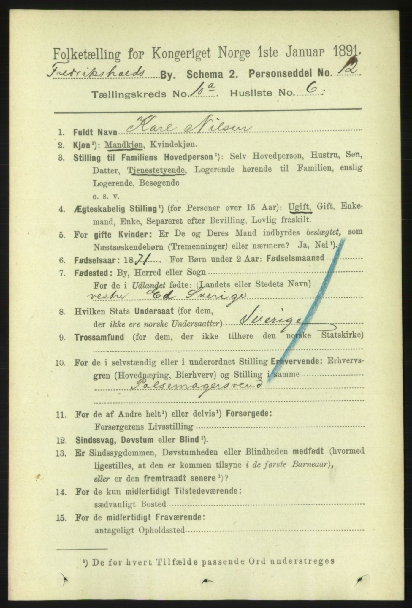 RA, 1891 census for 0101 Fredrikshald, 1891, p. 7074