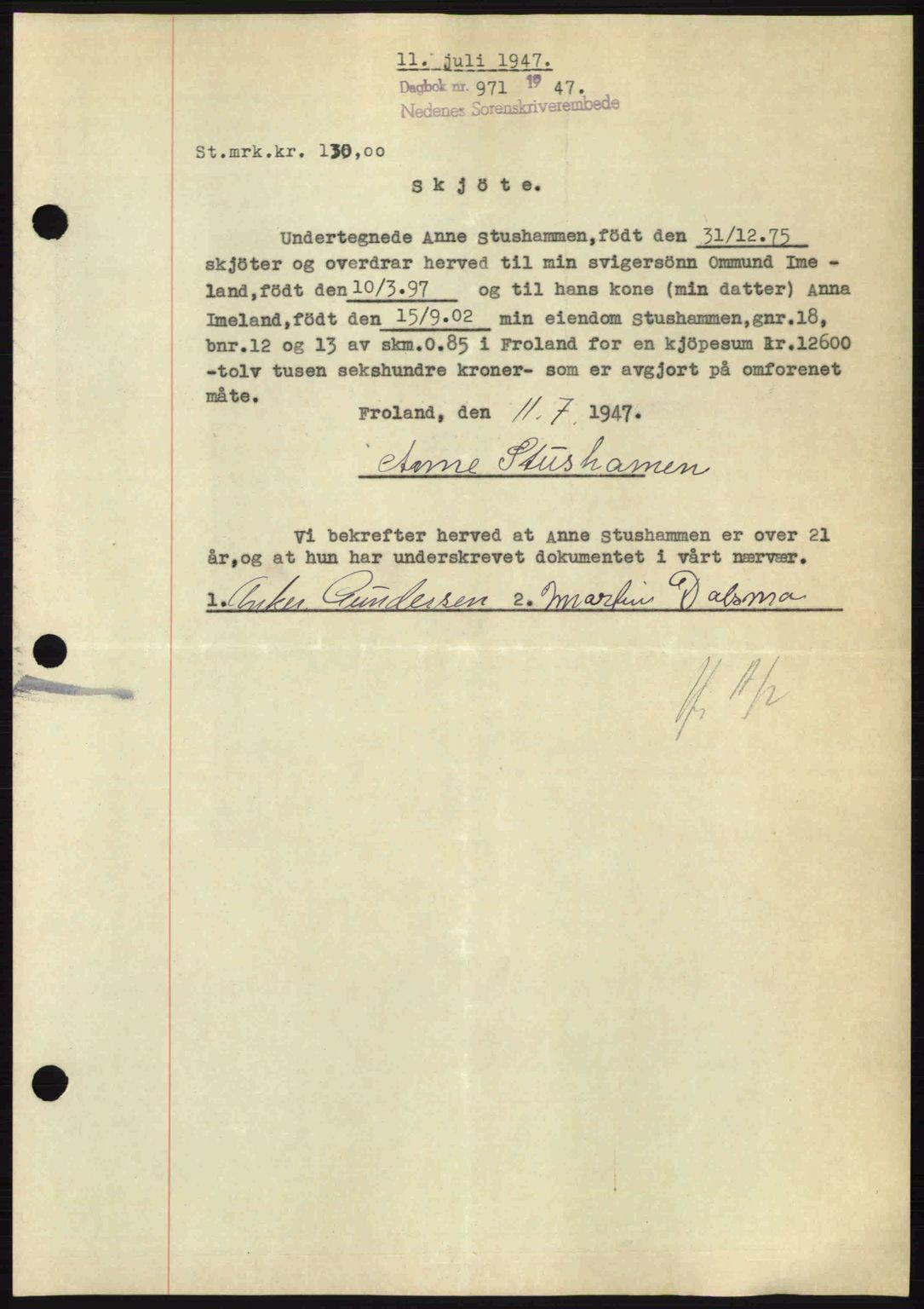 Nedenes sorenskriveri, SAK/1221-0006/G/Gb/Gba/L0057: Mortgage book no. A9, 1947-1947, Diary no: : 971/1947