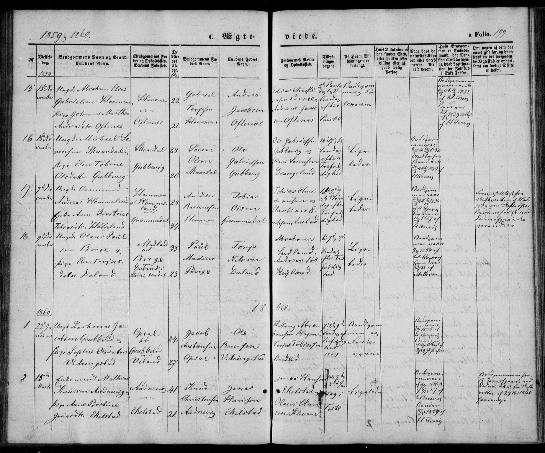 Lyngdal sokneprestkontor, SAK/1111-0029/F/Fa/Fac/L0009: Parish register (official) no. A 9, 1852-1864, p. 199