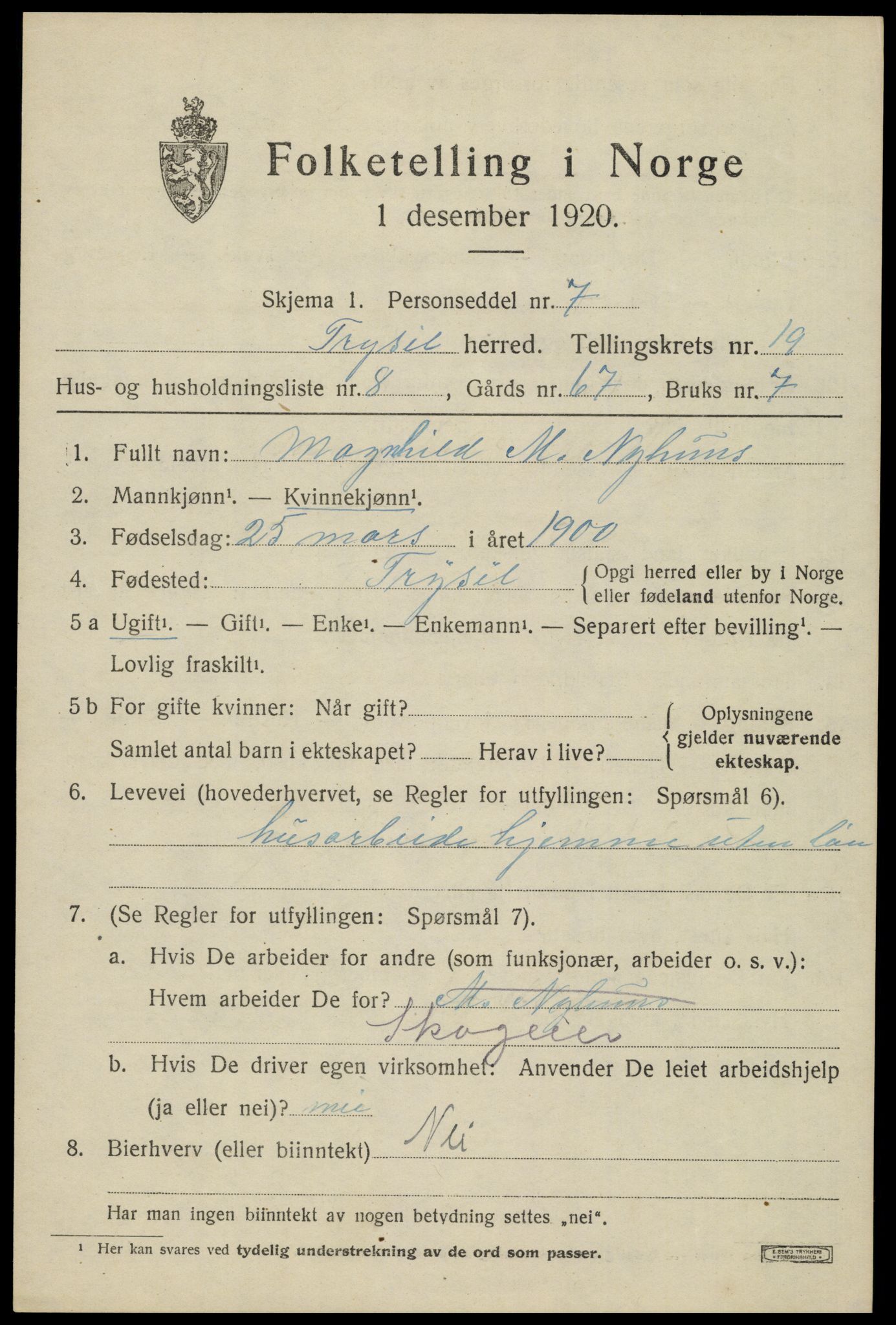 SAH, 1920 census for Trysil, 1920, p. 12827