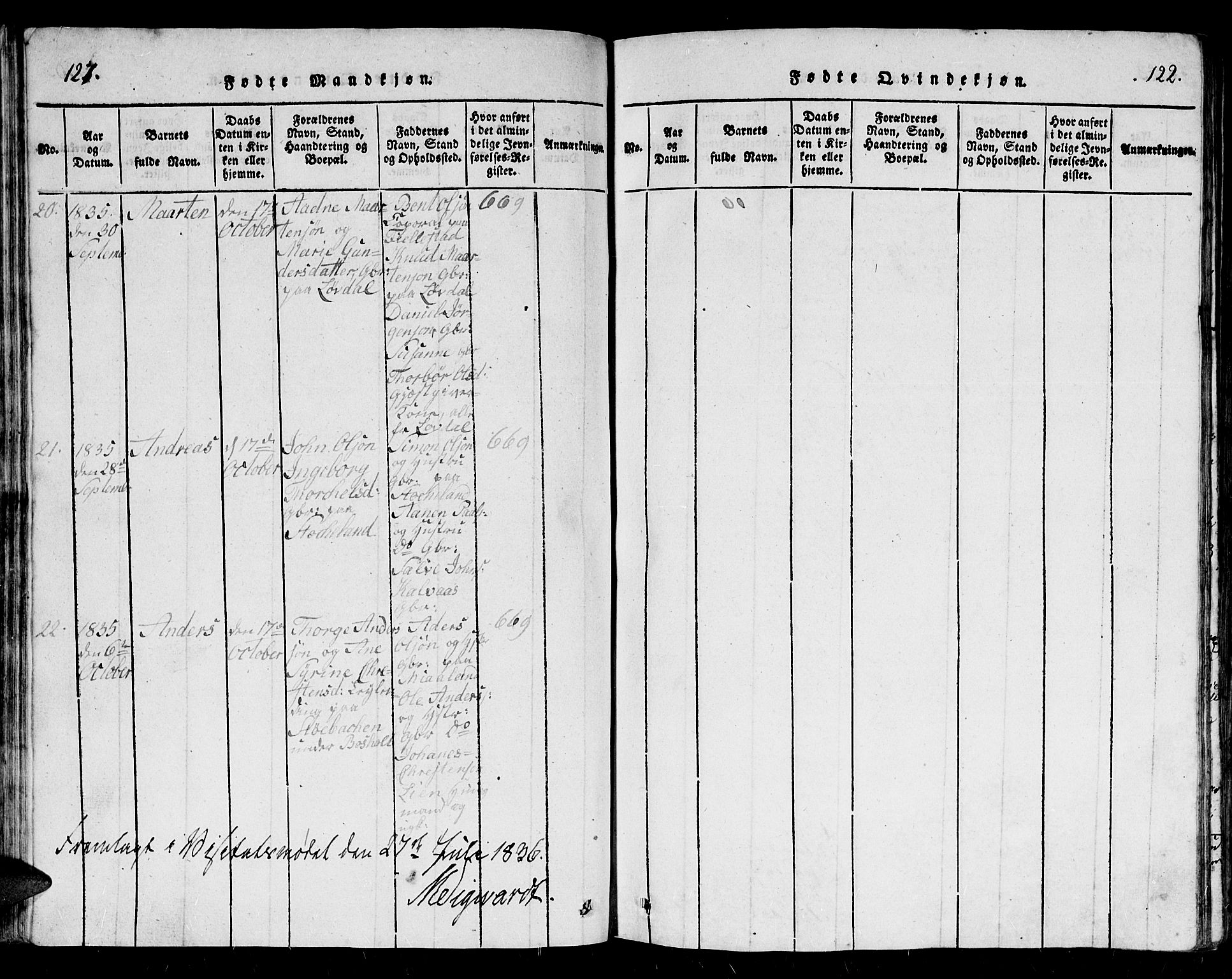 Holum sokneprestkontor, AV/SAK-1111-0022/F/Fb/Fbb/L0001: Parish register (copy) no. B 1, 1820-1847, p. 121-122