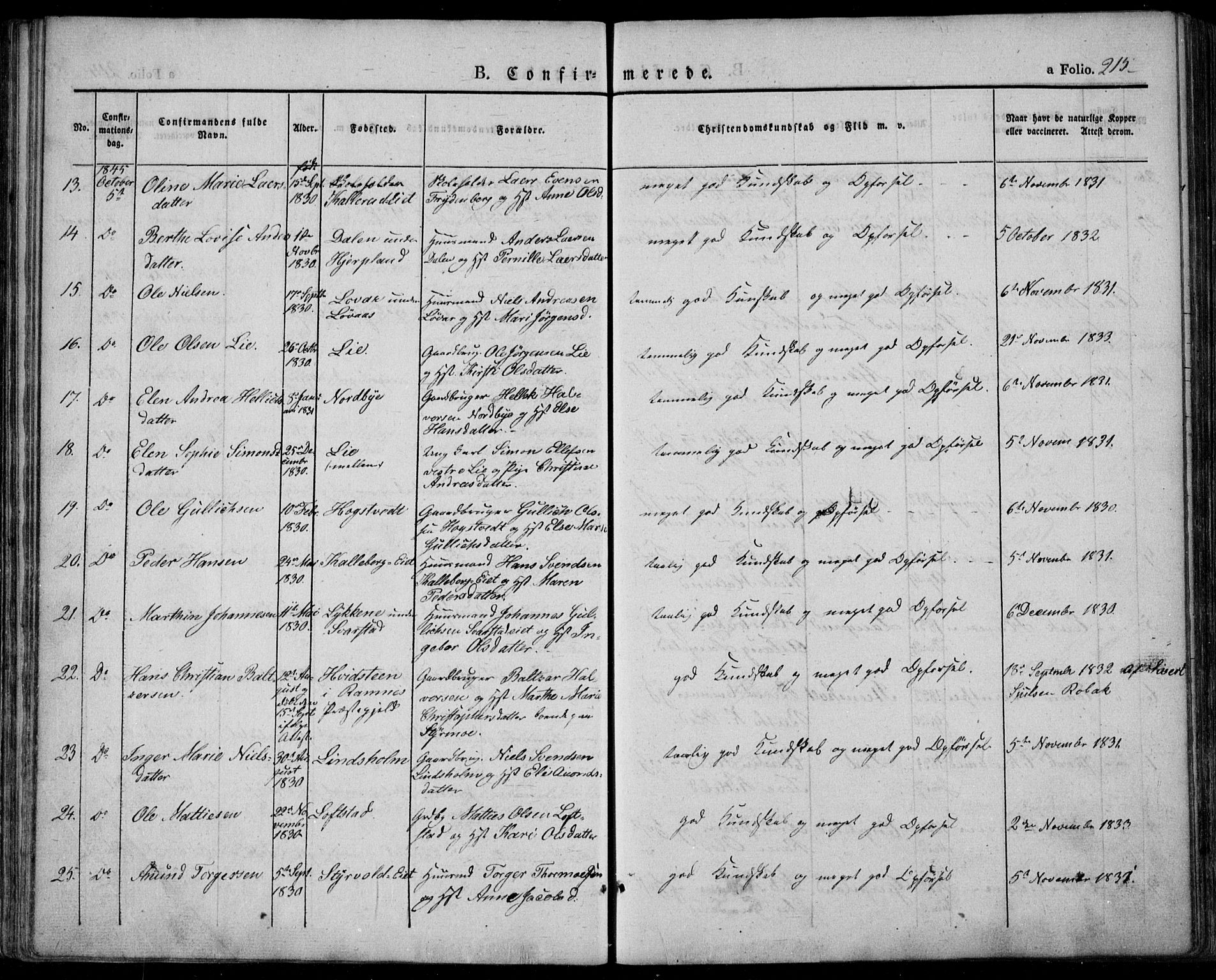 Lardal kirkebøker, AV/SAKO-A-350/F/Fa/L0006: Parish register (official) no. I 6, 1835-1860, p. 215