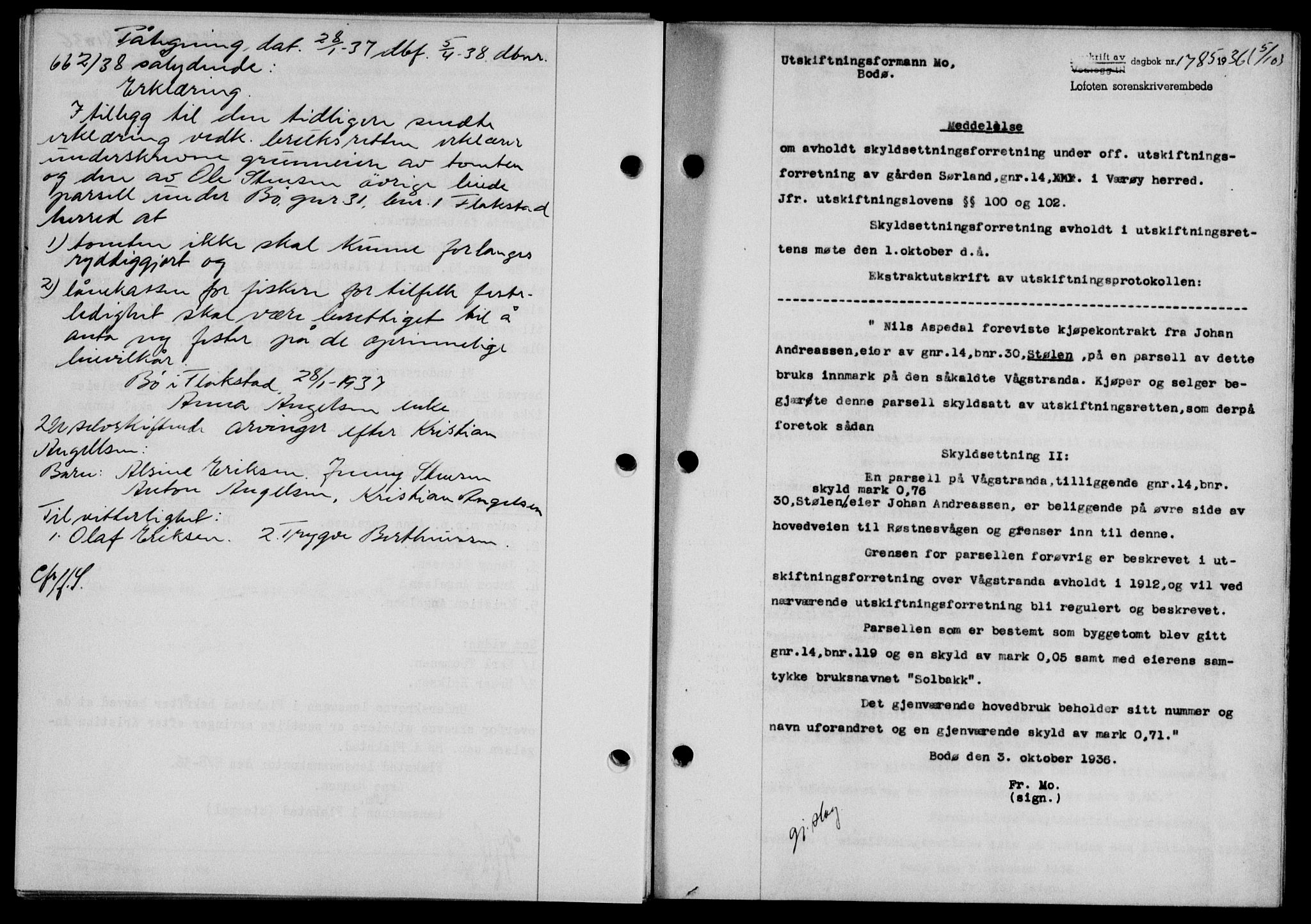 Lofoten sorenskriveri, SAT/A-0017/1/2/2C/L0001a: Mortgage book no. 1a, 1936-1937, Diary no: : 1785/1936