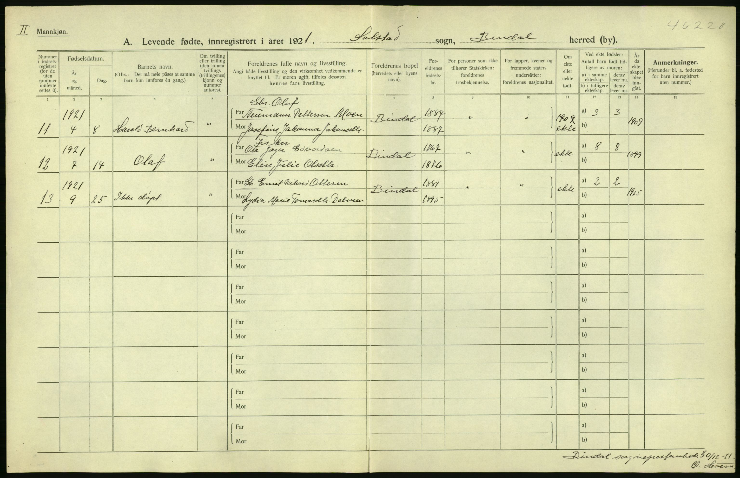 Statistisk sentralbyrå, Sosiodemografiske emner, Befolkning, AV/RA-S-2228/D/Df/Dfc/Dfca/L0049: Nordland fylke: Levendefødte menn og kvinner. Bygder., 1921, p. 466