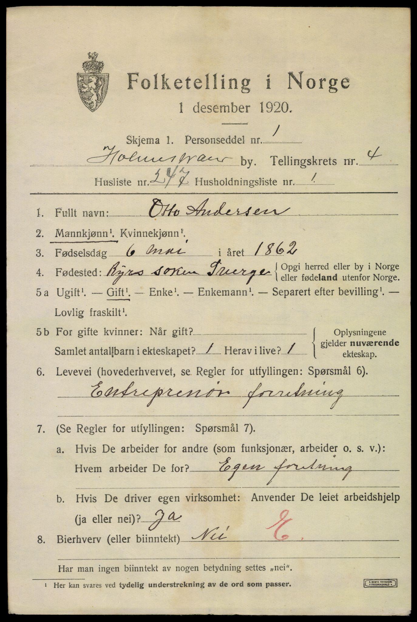 SAKO, 1920 census for Holmestrand, 1920, p. 6306