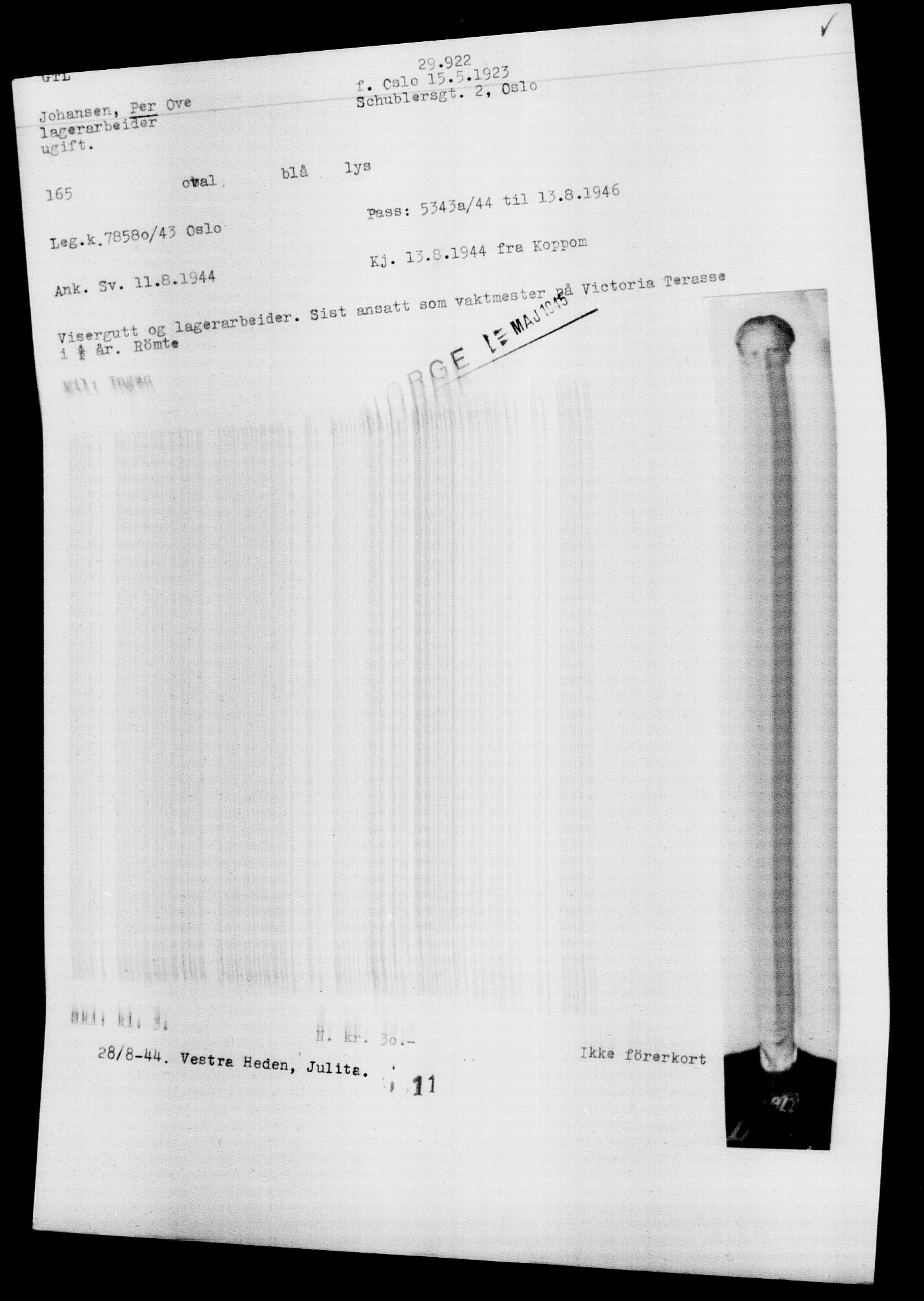 Den Kgl. Norske Legasjons Flyktningskontor, RA/S-6753/V/Va/L0012: Kjesäterkartoteket.  Flyktningenr. 28300-31566, 1940-1945, p. 1788