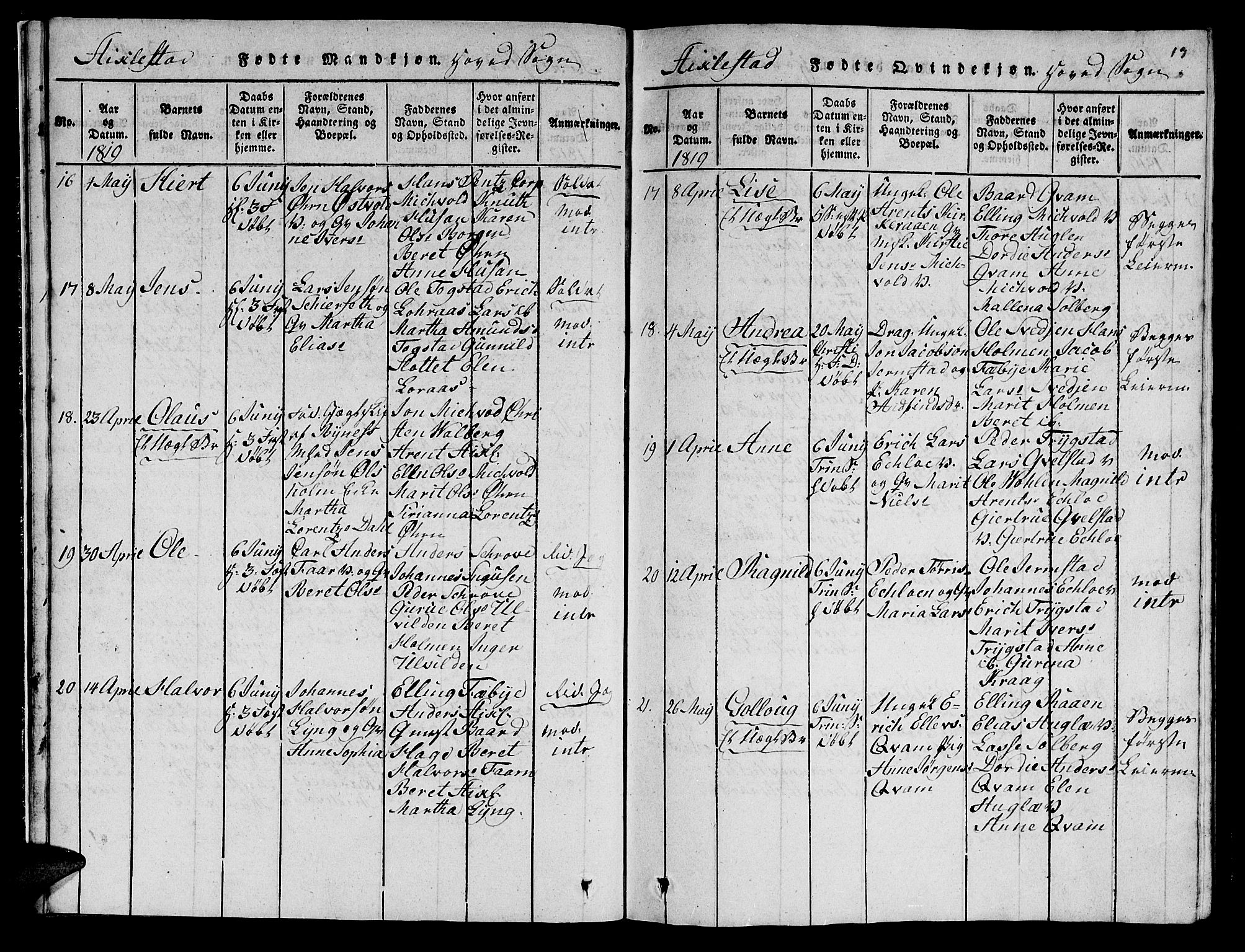 Ministerialprotokoller, klokkerbøker og fødselsregistre - Nord-Trøndelag, AV/SAT-A-1458/723/L0251: Parish register (copy) no. 723C01 /1, 1816-1831, p. 19