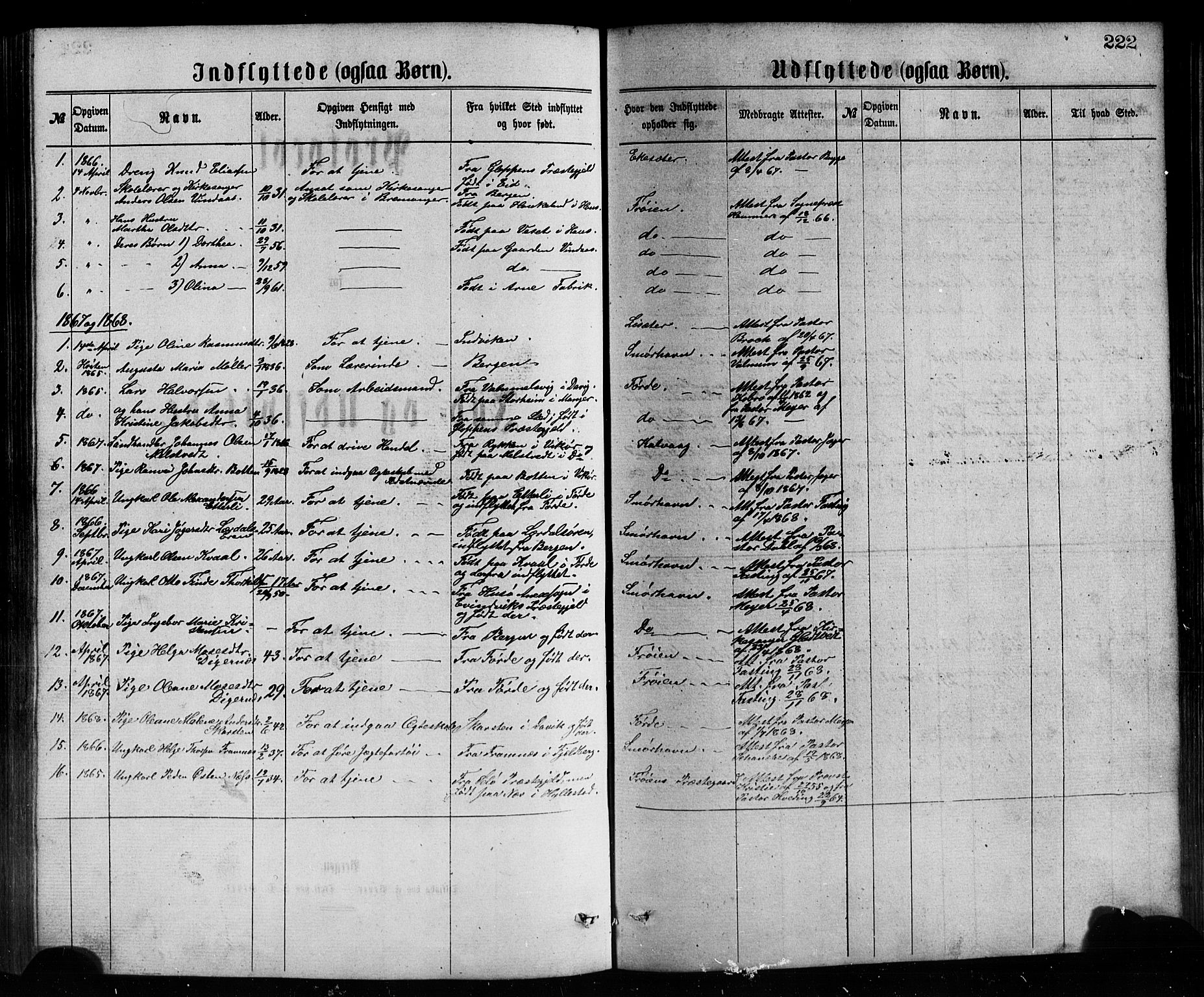 Bremanger sokneprestembete, SAB/A-82201/H/Hab/Haba/L0002: Parish register (copy) no. A 2, 1866-1889, p. 222