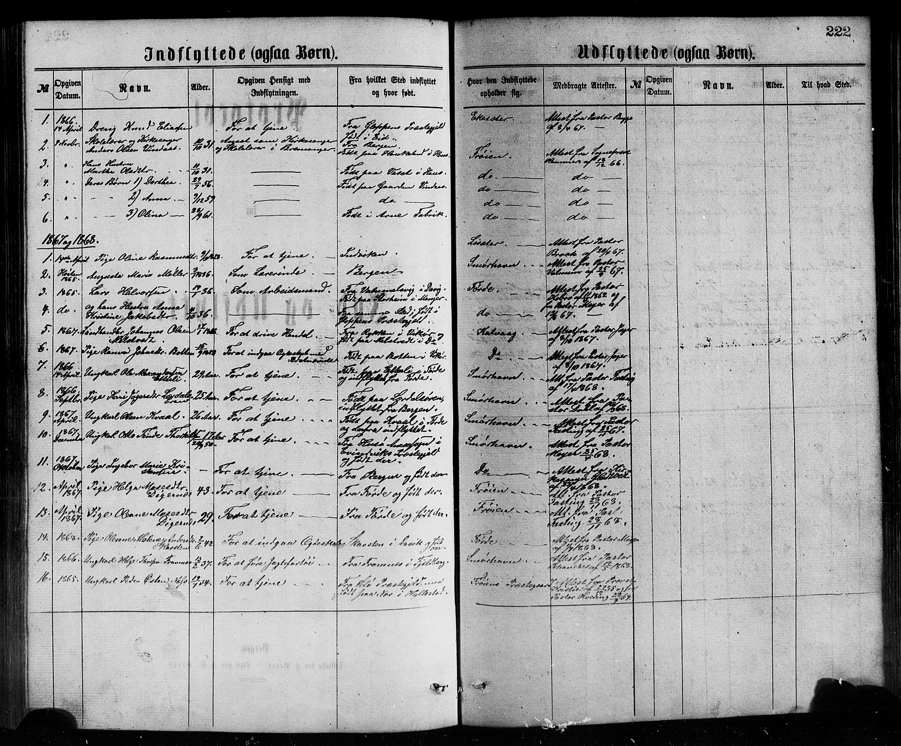 Bremanger sokneprestembete, AV/SAB-A-82201/H/Hab/Haba/L0002: Parish register (copy) no. A 2, 1866-1889, p. 222