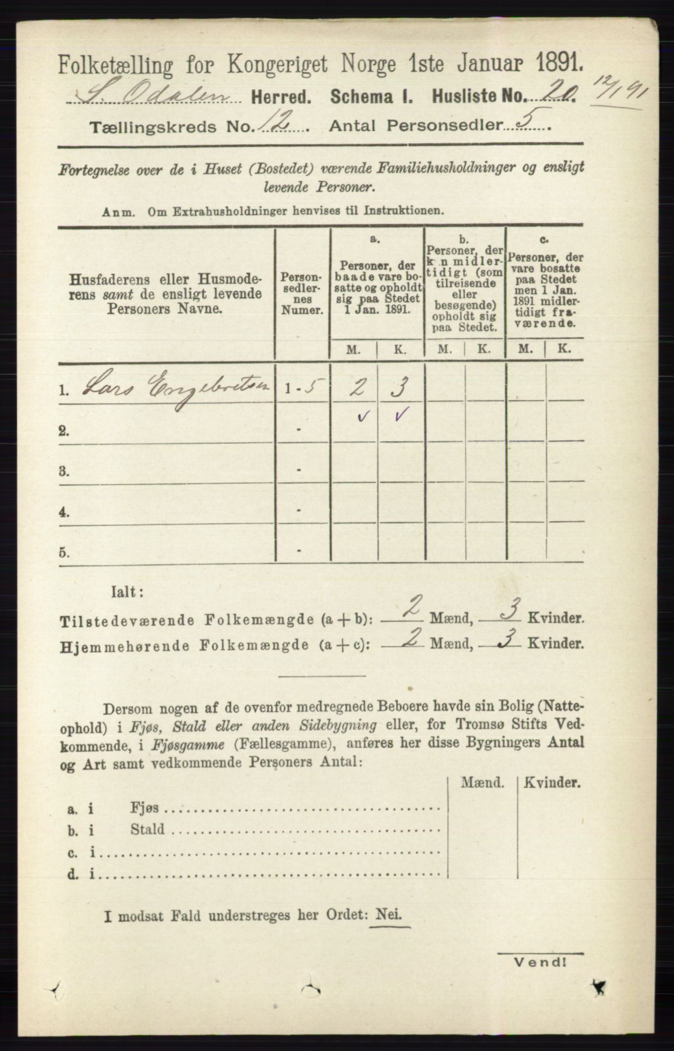 RA, 1891 census for 0419 Sør-Odal, 1891, p. 5386