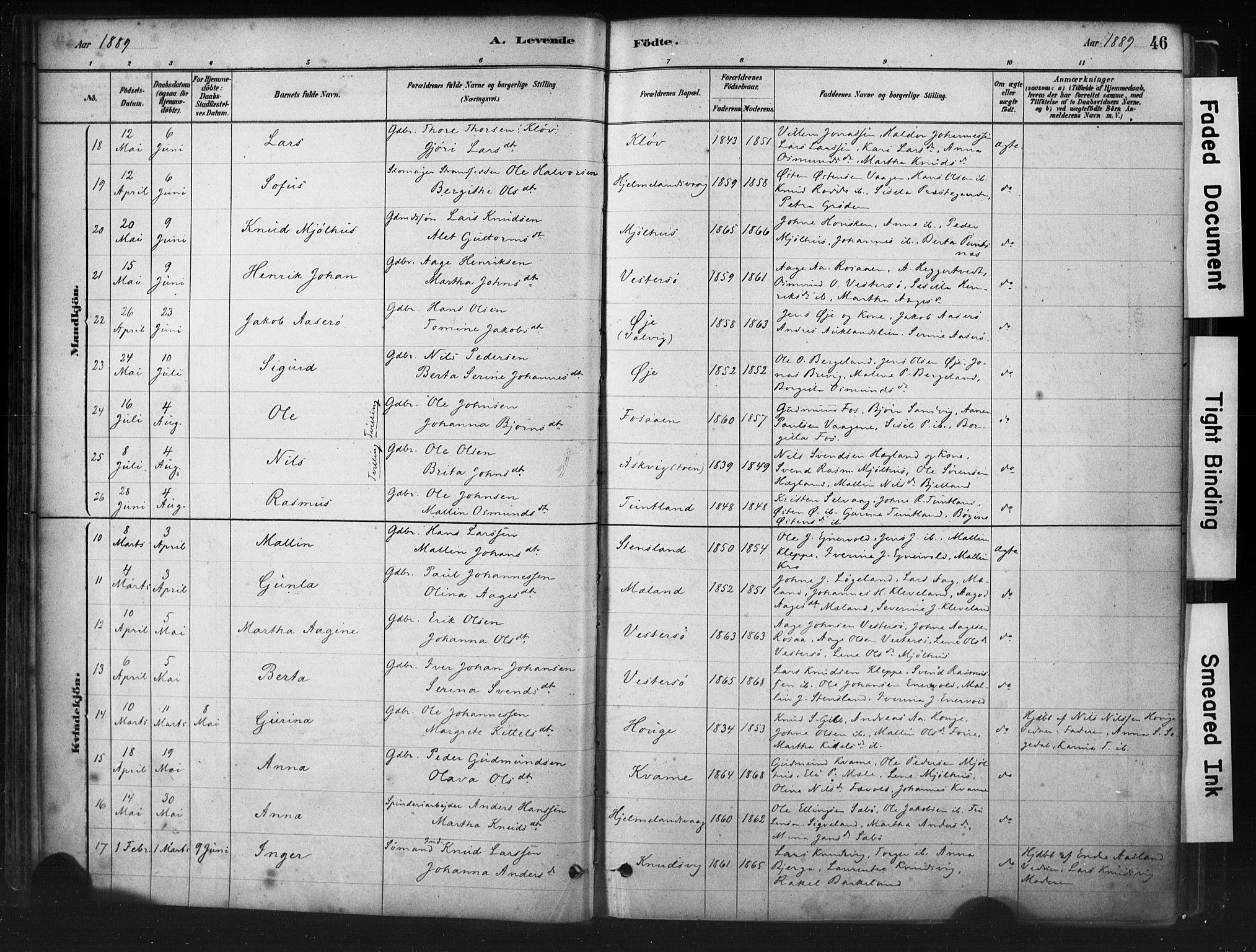 Hjelmeland sokneprestkontor, AV/SAST-A-101843/01/IV/L0014: Parish register (official) no. A 14, 1879-1900, p. 46