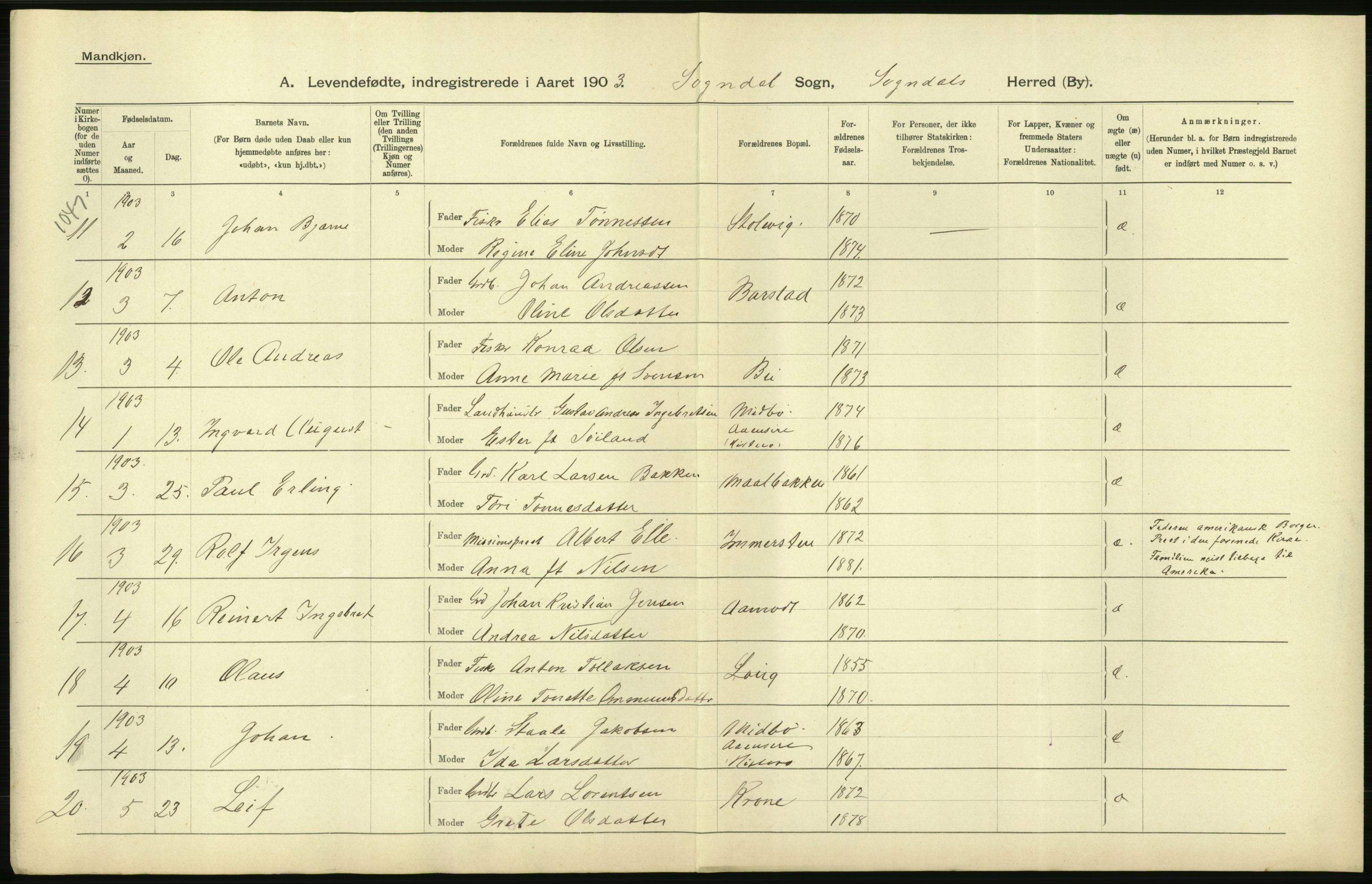 Statistisk sentralbyrå, Sosiodemografiske emner, Befolkning, AV/RA-S-2228/D/Df/Dfa/Dfaa/L0012: Stavanger amt: Fødte, gifte, døde, 1903, p. 6