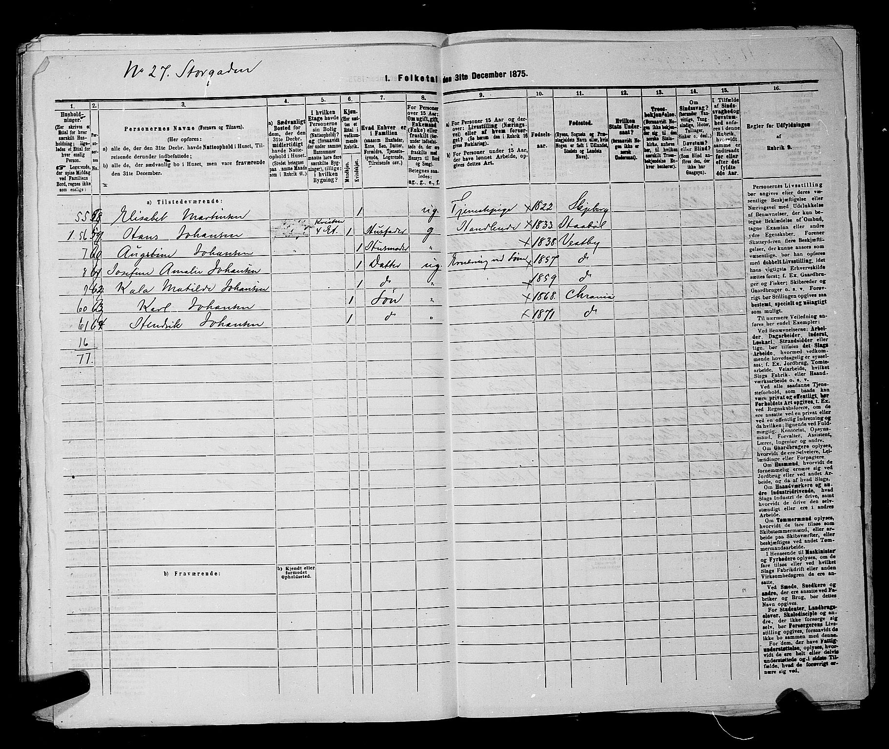 RA, 1875 census for 0301 Kristiania, 1875, p. 882