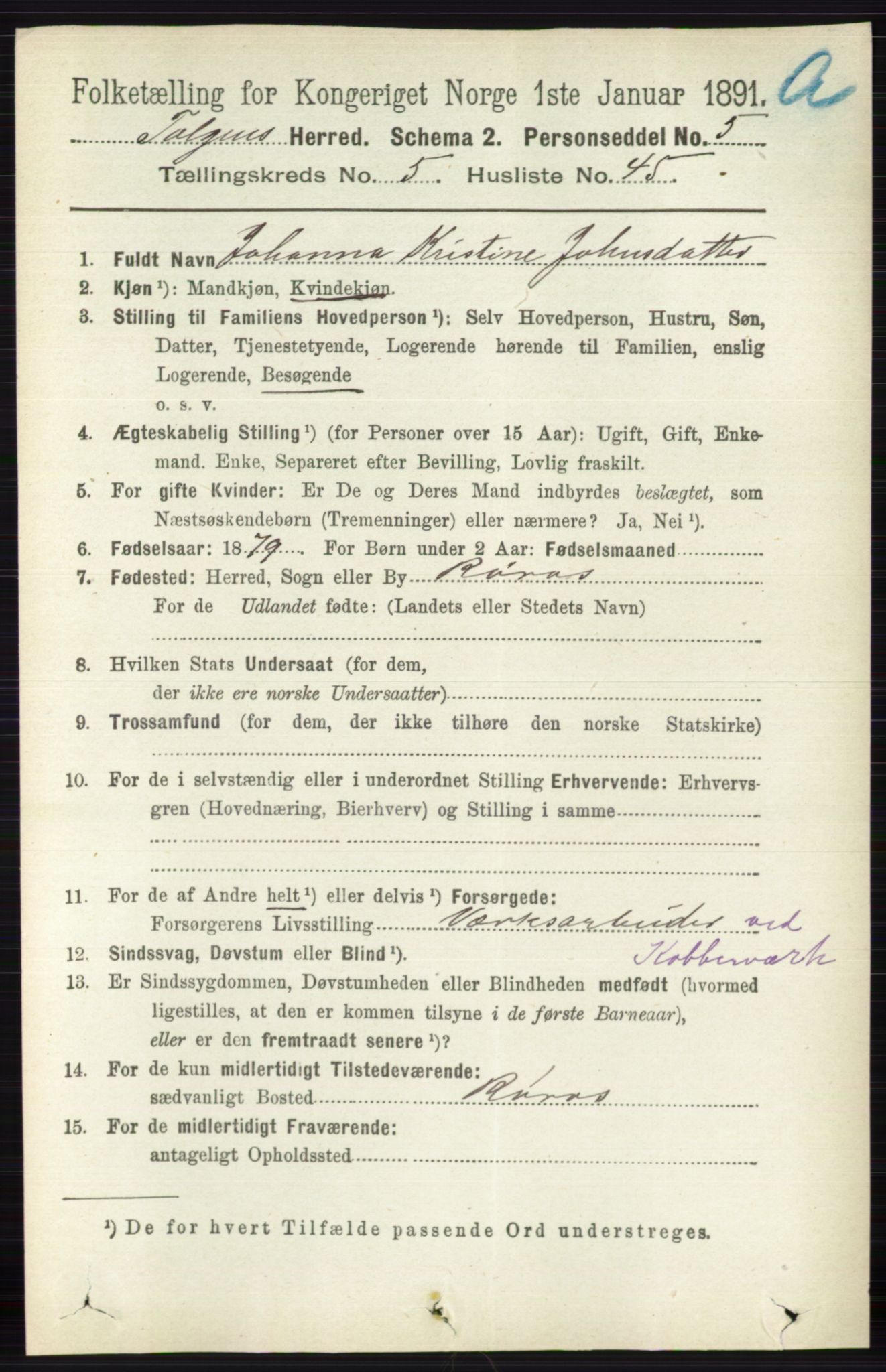 RA, 1891 census for 0436 Tolga, 1891, p. 1573