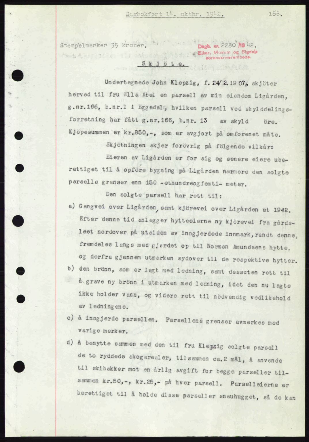 Eiker, Modum og Sigdal sorenskriveri, SAKO/A-123/G/Ga/Gab/L0047: Mortgage book no. A17, 1942-1943, Diary no: : 2280/1942