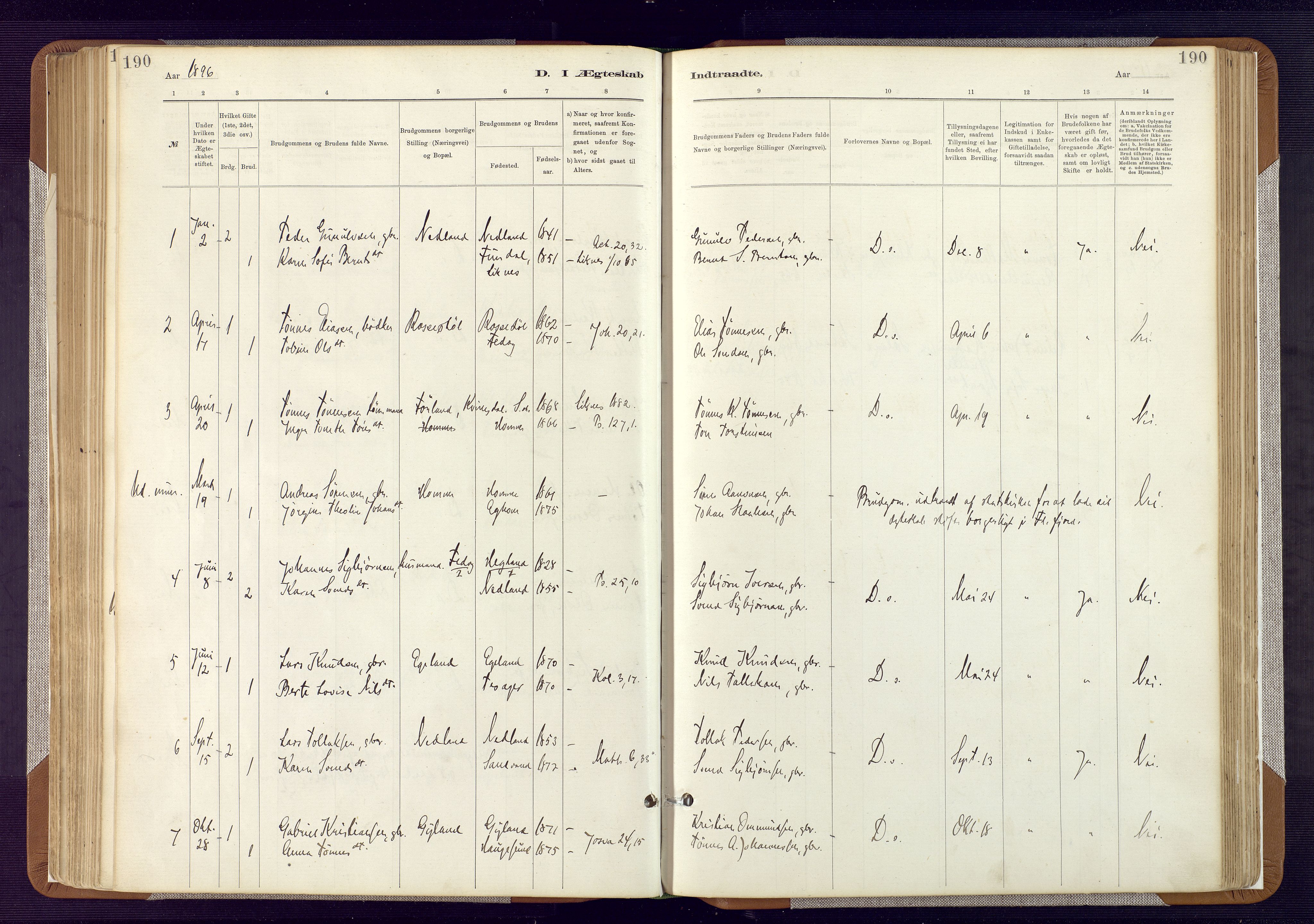 Bakke sokneprestkontor, SAK/1111-0002/F/Fa/Fab/L0003: Parish register (official) no. A 3, 1884-1921, p. 190