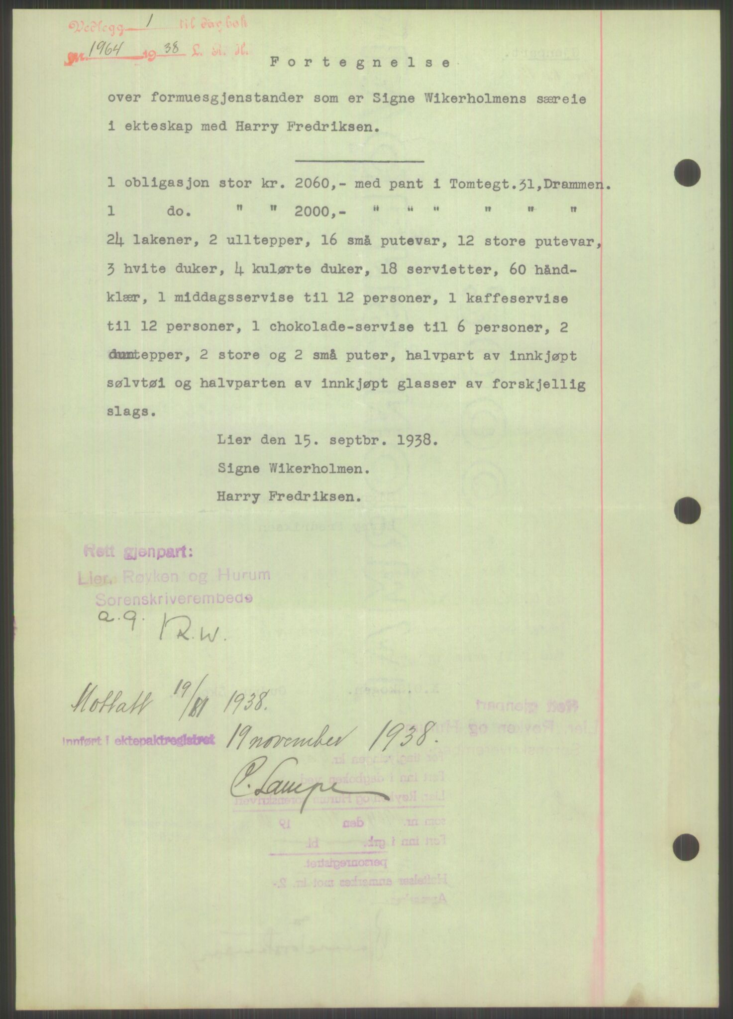 Oslo byskriverembete, AV/SAO-A-10227/2/G/Gb/L0039: Tinglyste ektepakter, Buskerud, bind 2-3, 1934-1943