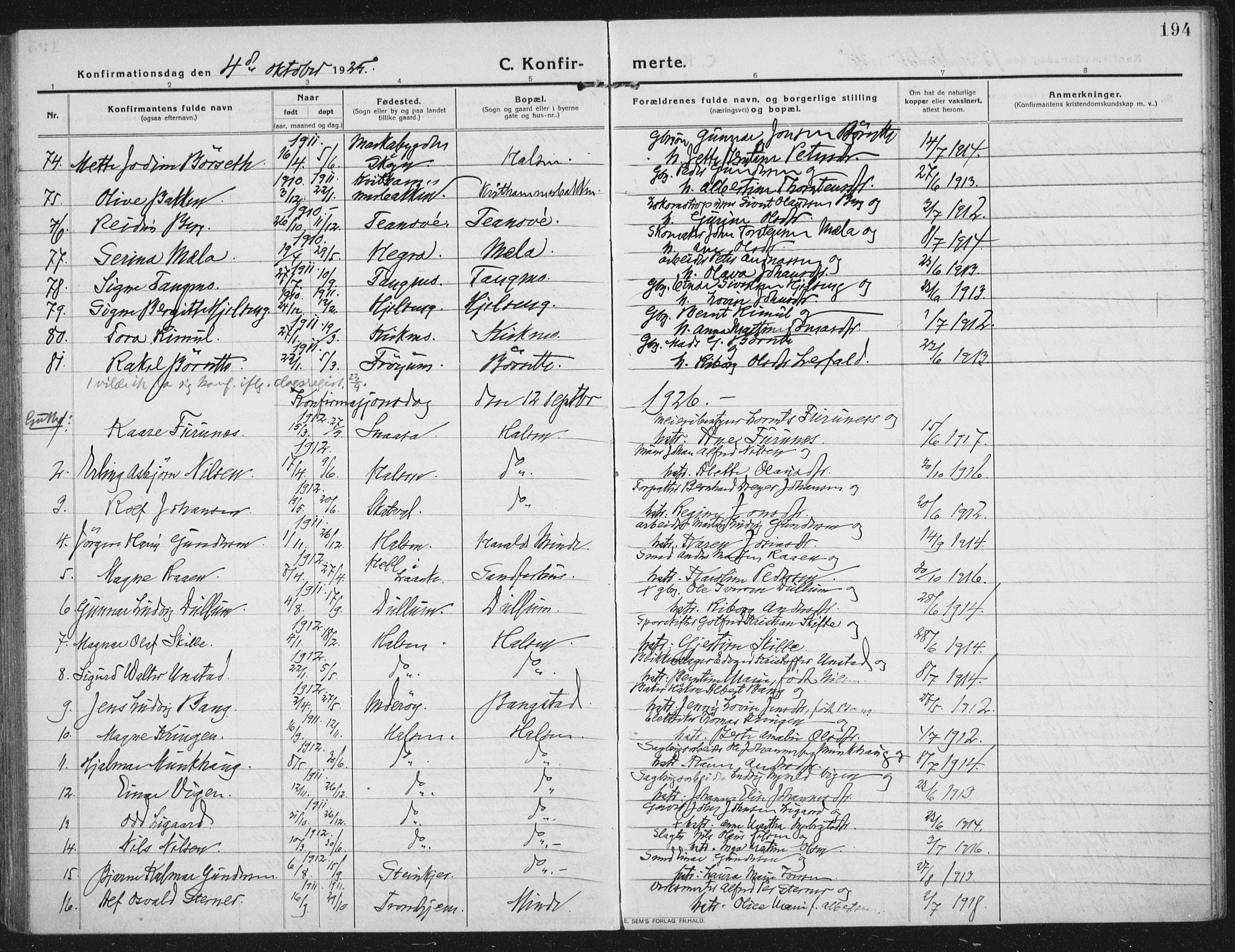 Ministerialprotokoller, klokkerbøker og fødselsregistre - Nord-Trøndelag, SAT/A-1458/709/L0083: Parish register (official) no. 709A23, 1916-1928, p. 194